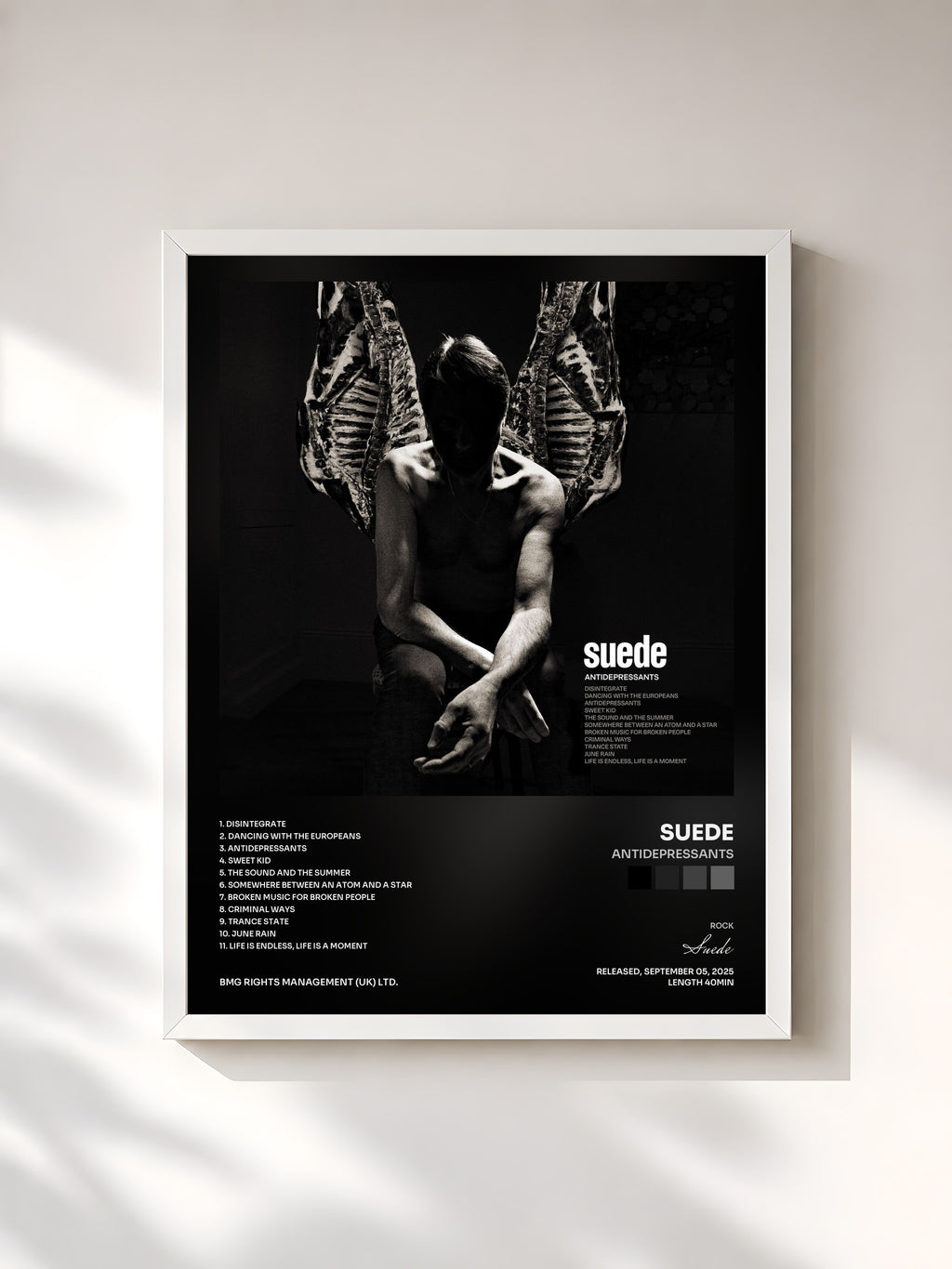 #blanc Antidepressants by Suede as a framed art print, white frame, printed and framed in France