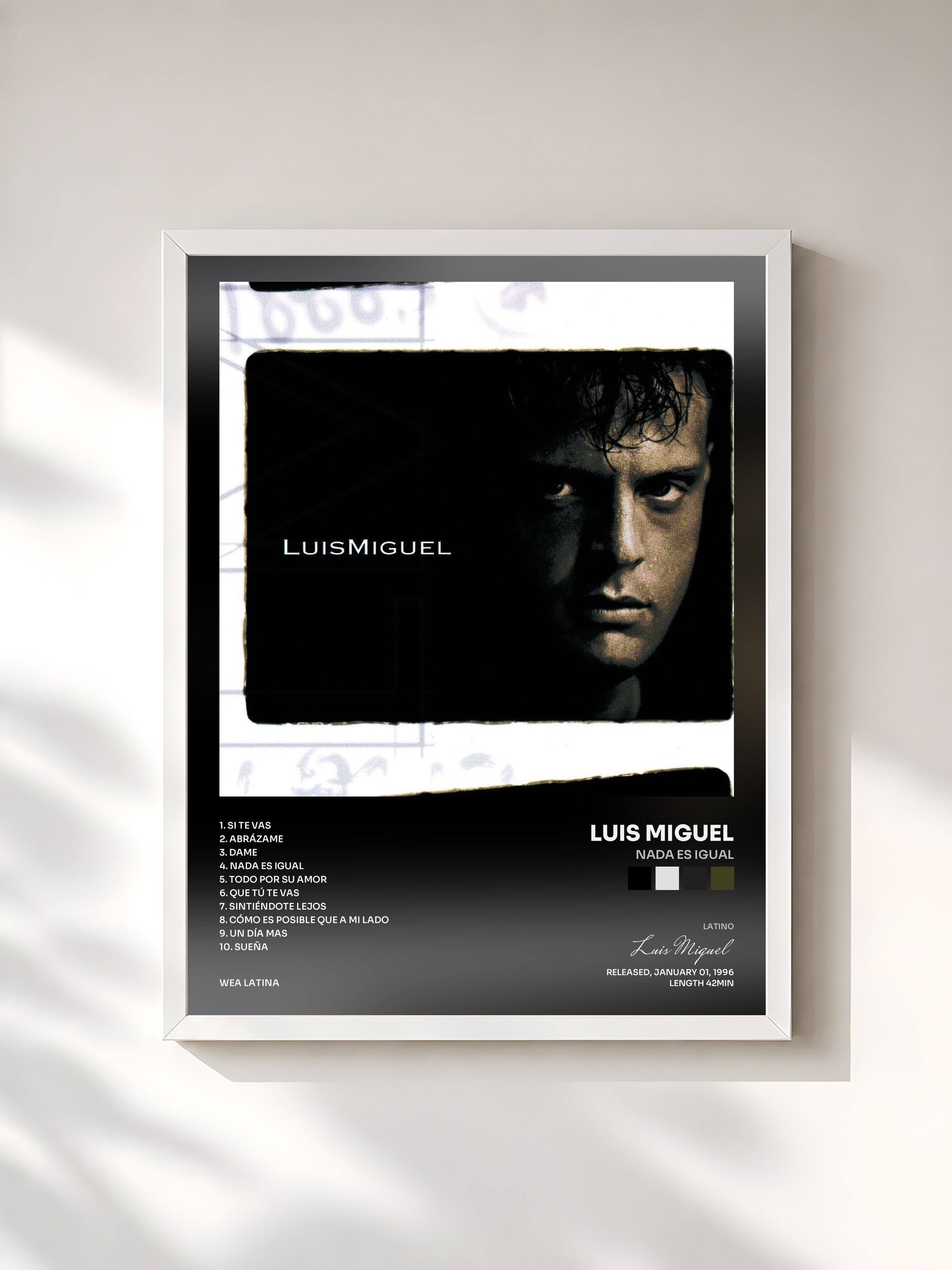 #blanc Tableau de l'album Nada Es Igual de Luis Miguel, cadre blanc, imprimé et encadré en France