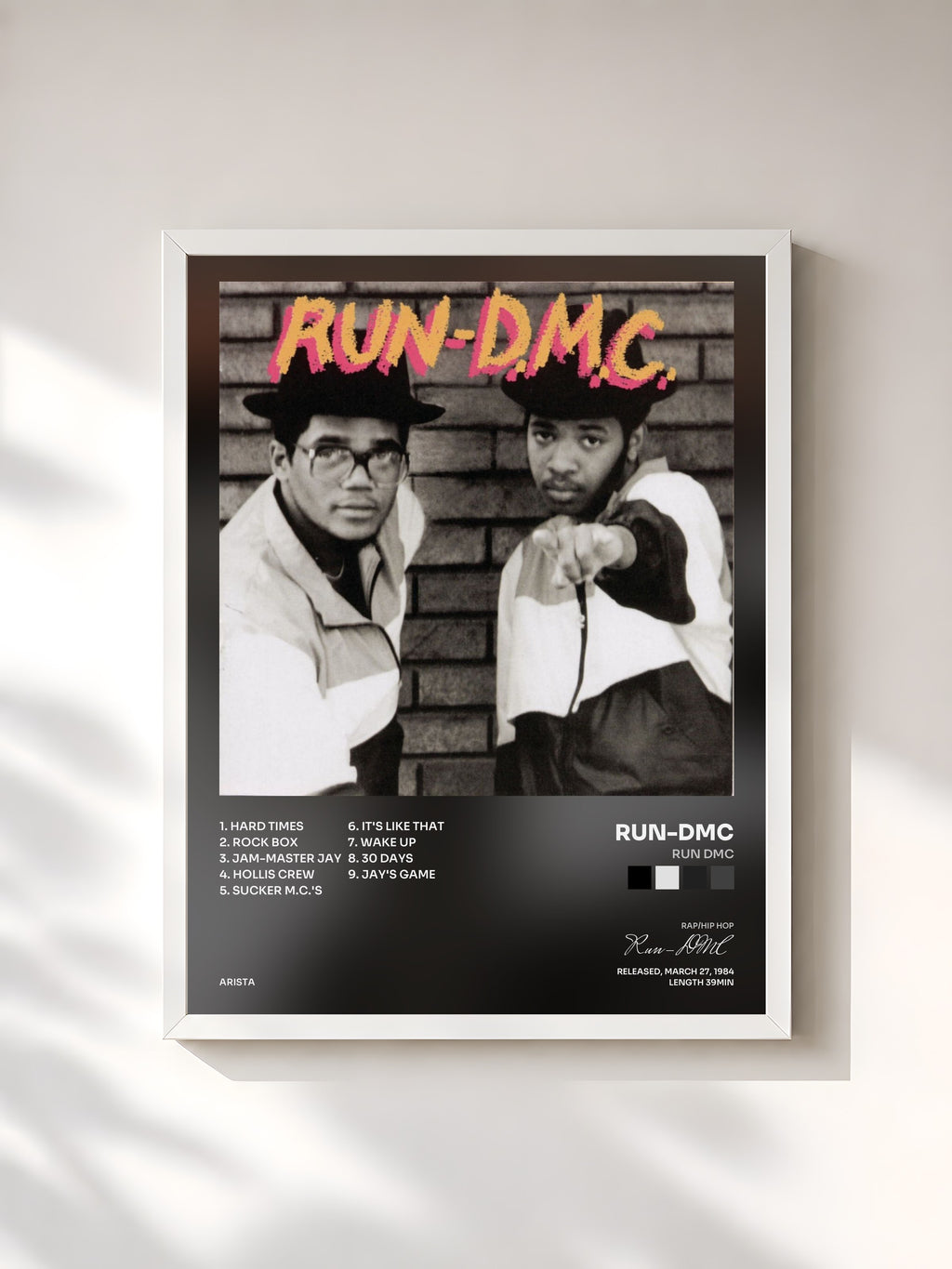 #blanc Tableau de l'album RUN DMC de Run-DMC, cadre blanc, imprimé et encadré en France