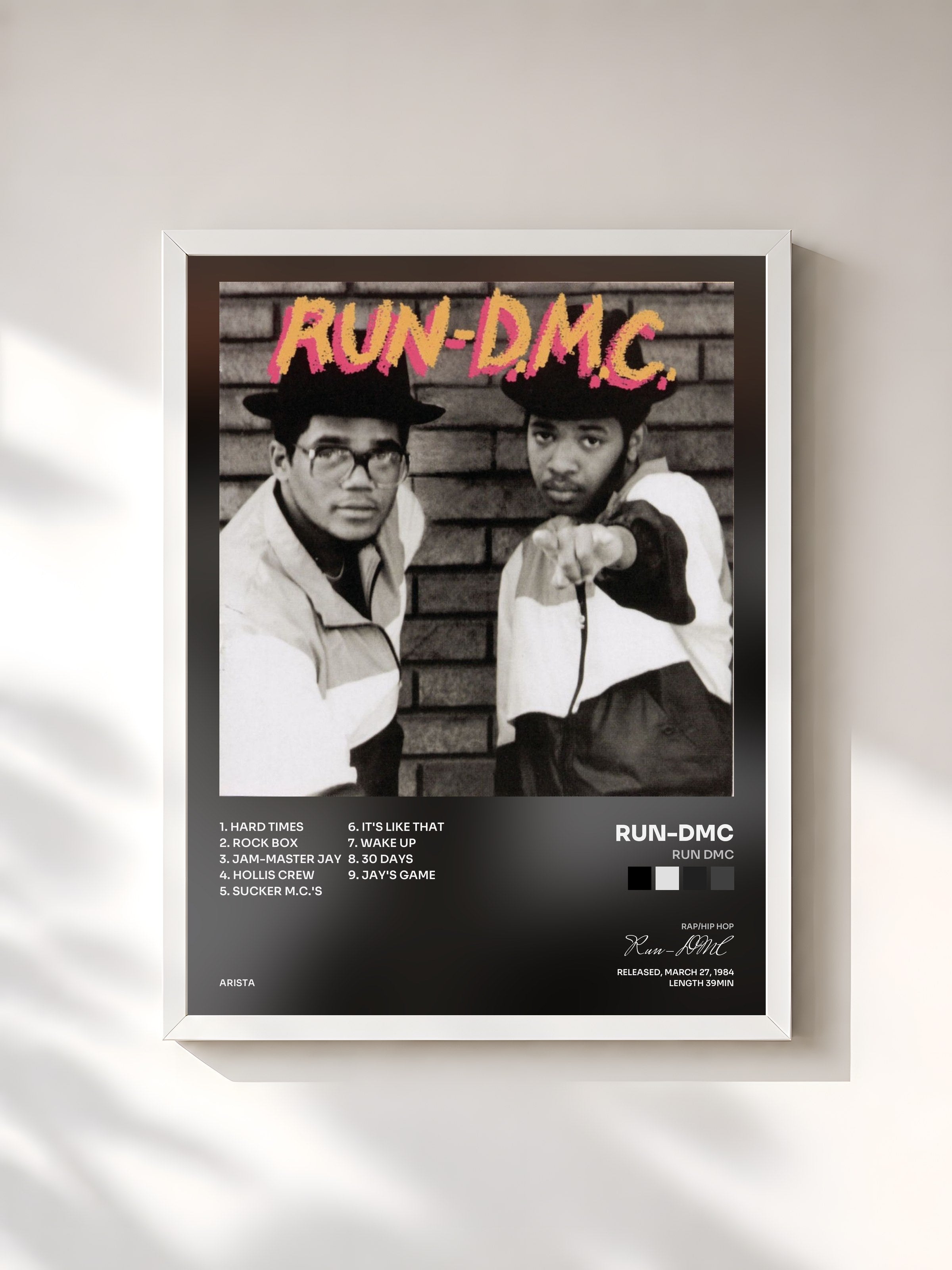 #blanc Tableau de l'album RUN DMC de Run-DMC, cadre blanc, imprimé et encadré en France