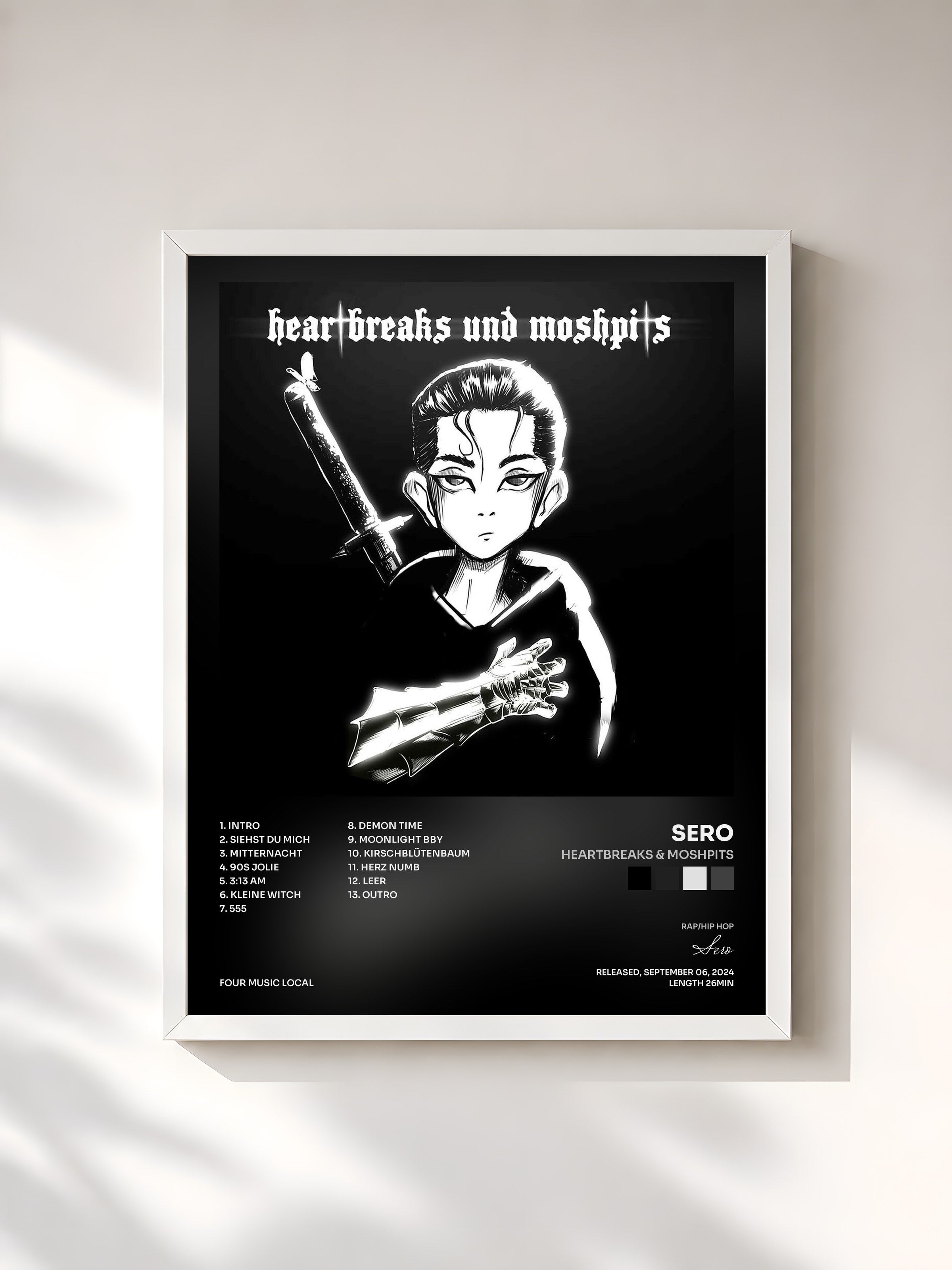 #blanc Tableau de l'album Heartbreaks & Moshpits de Sero, cadre blanc, imprimé et encadré en France