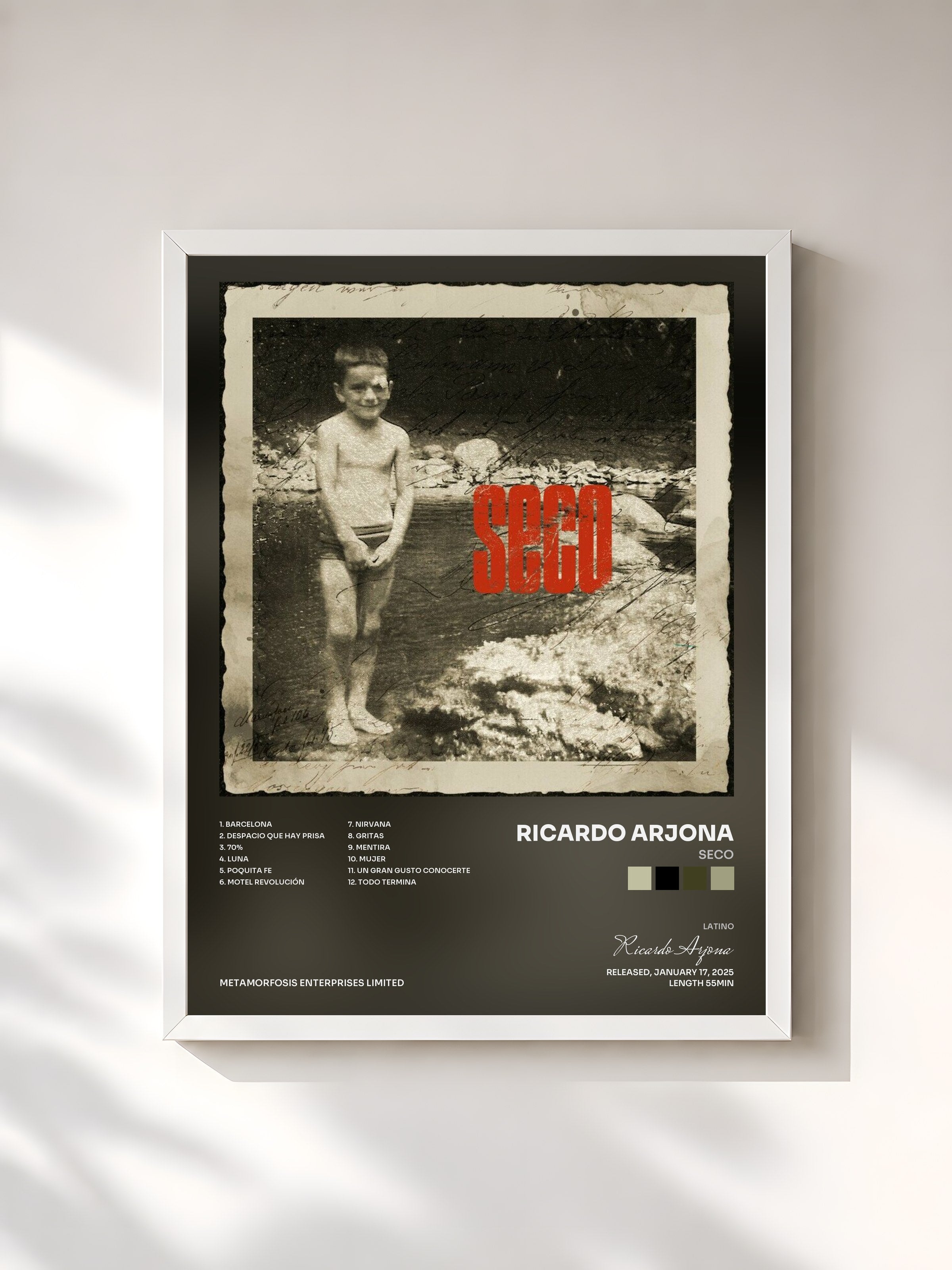 #blanc Tableau de l'album SECO de Ricardo Arjona, cadre blanc, imprimé et encadré en France