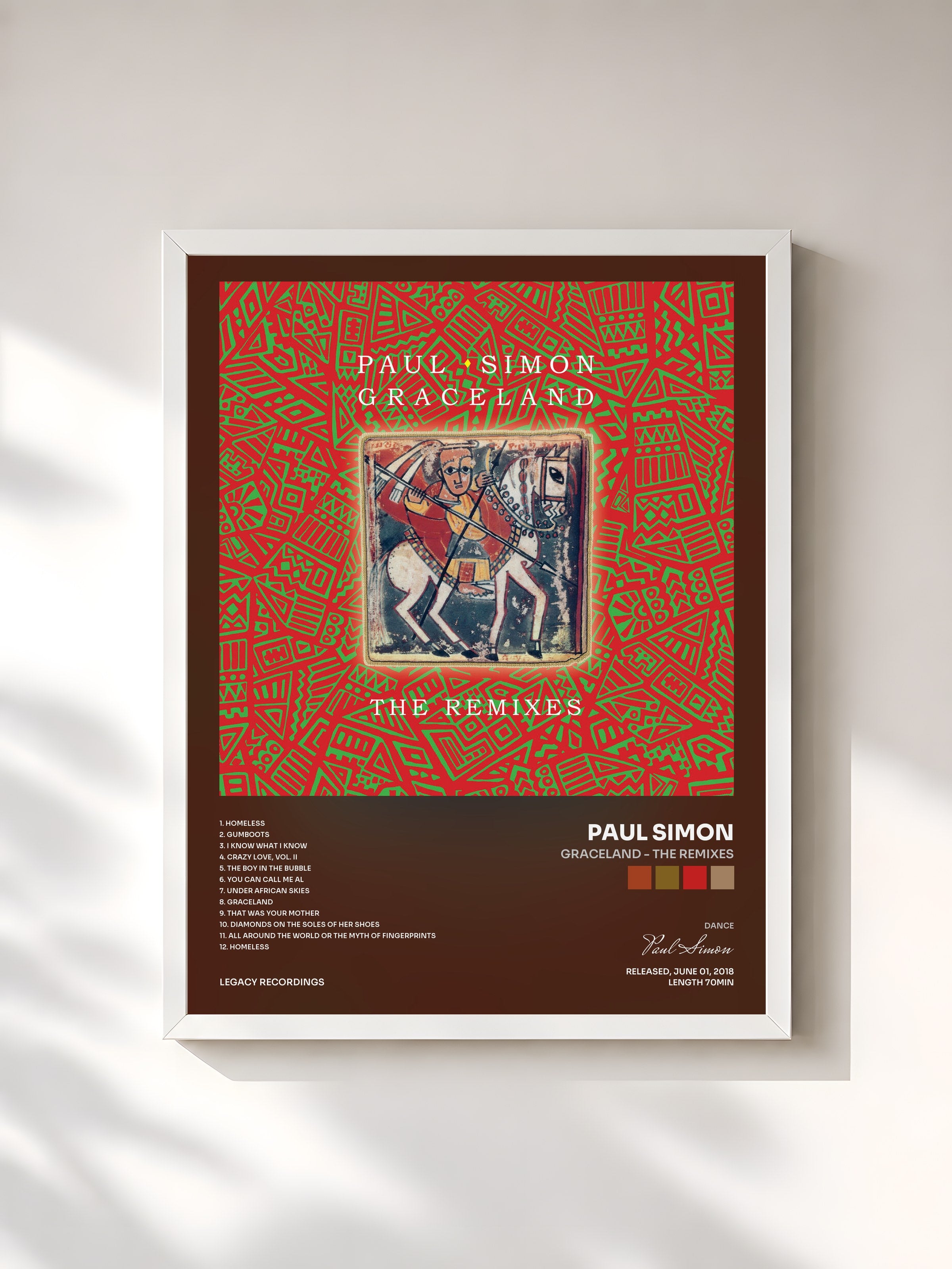 #blanc Tableau de l'album Graceland - The Remixes de Paul Simon, cadre blanc, imprimé et encadré en France