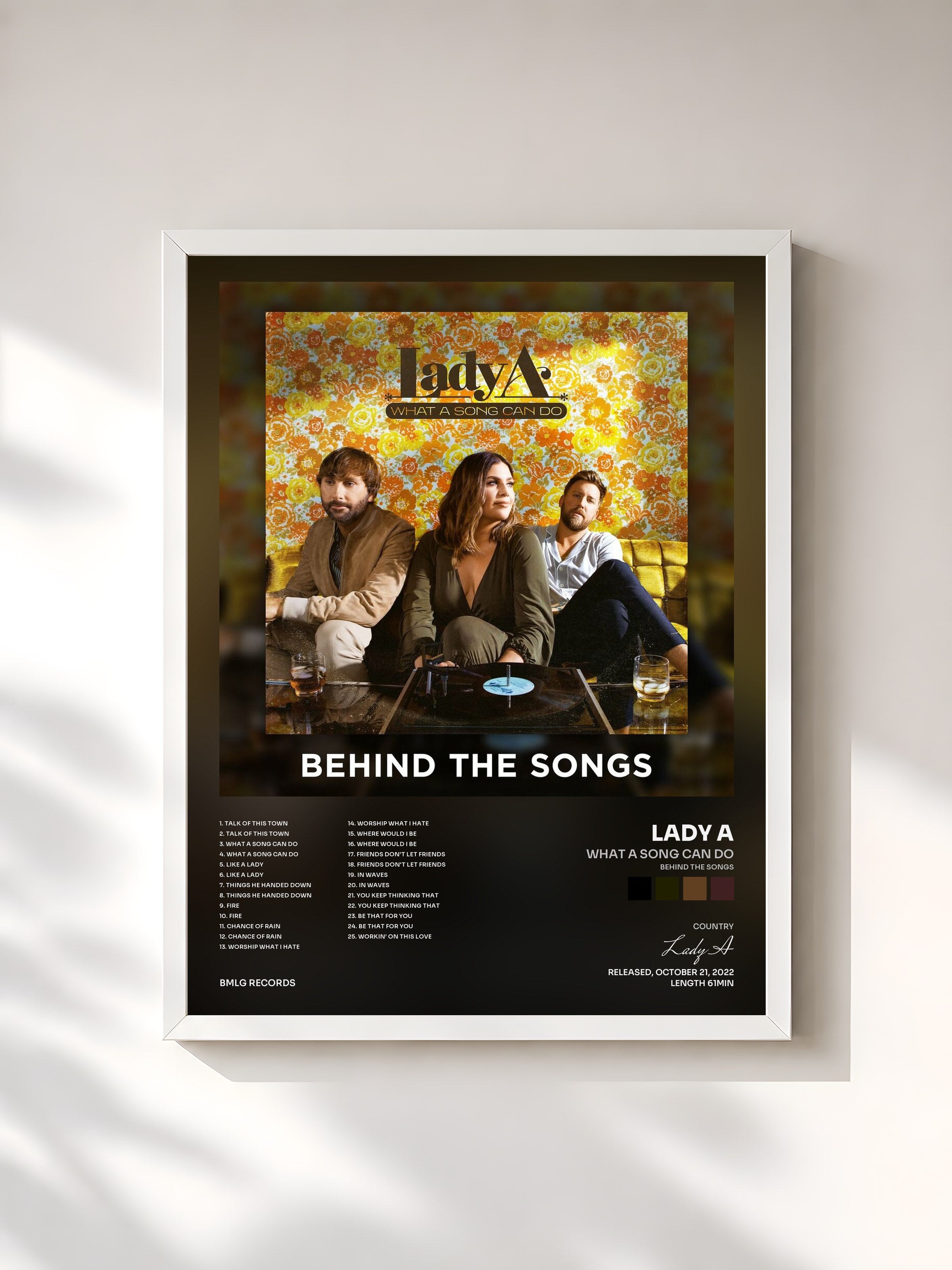 #blanc Tableau de l'album What A Song Can Do (Behind The Songs) de Lady A, cadre blanc, imprimé et encadré en France