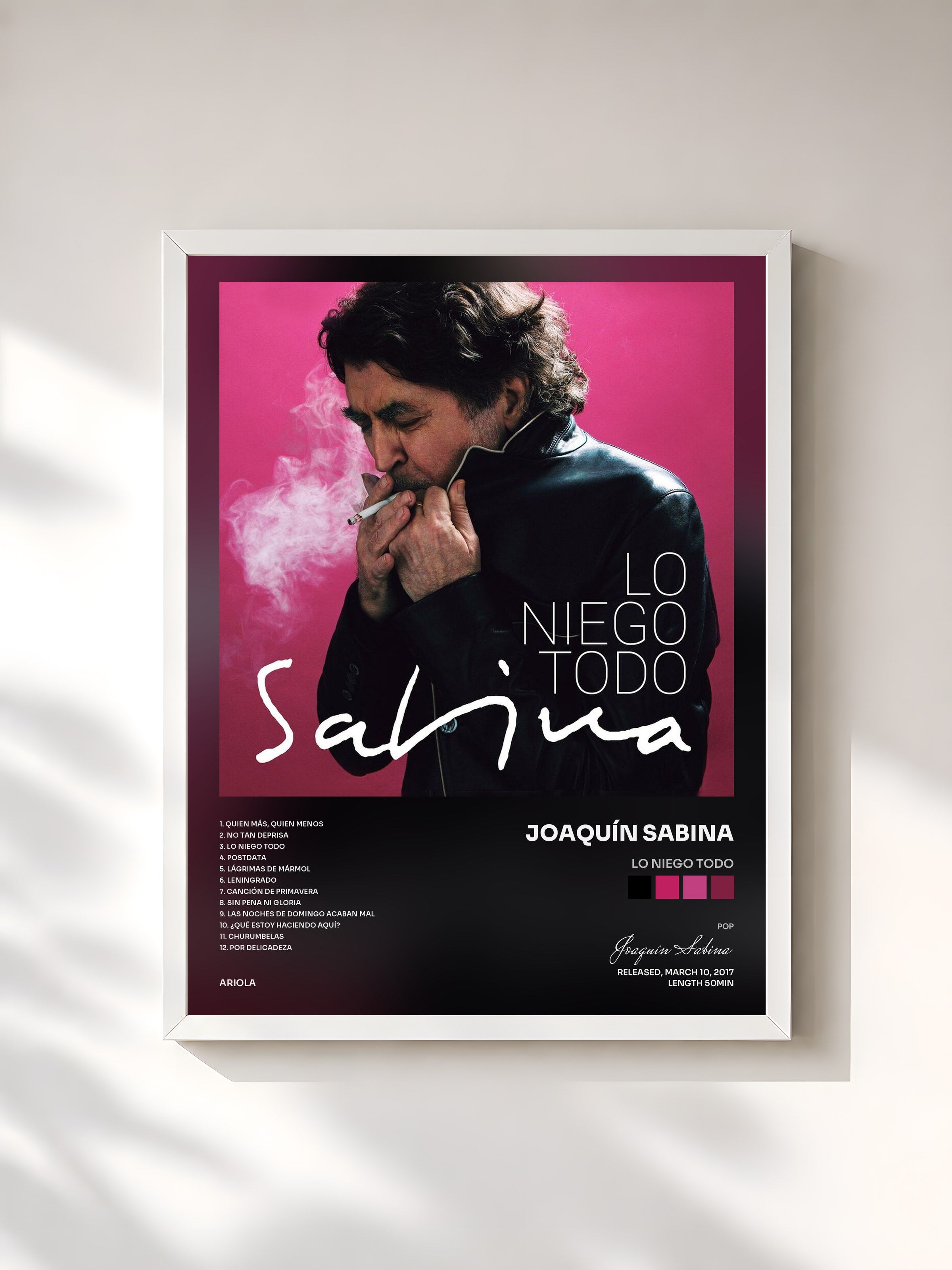 #blanc Tableau de l'album Lo Niego Todo de Joaquín Sabina, cadre blanc, imprimé et encadré en France