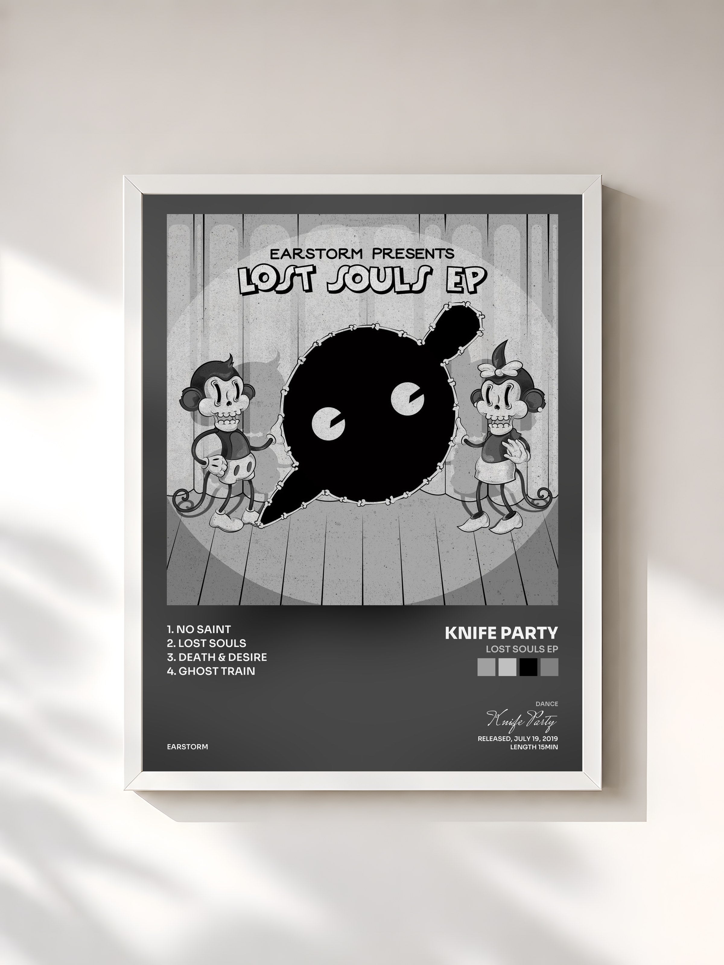 #blanc Tableau de l'album Lost Souls EP de Knife Party, cadre blanc, imprimé et encadré en France