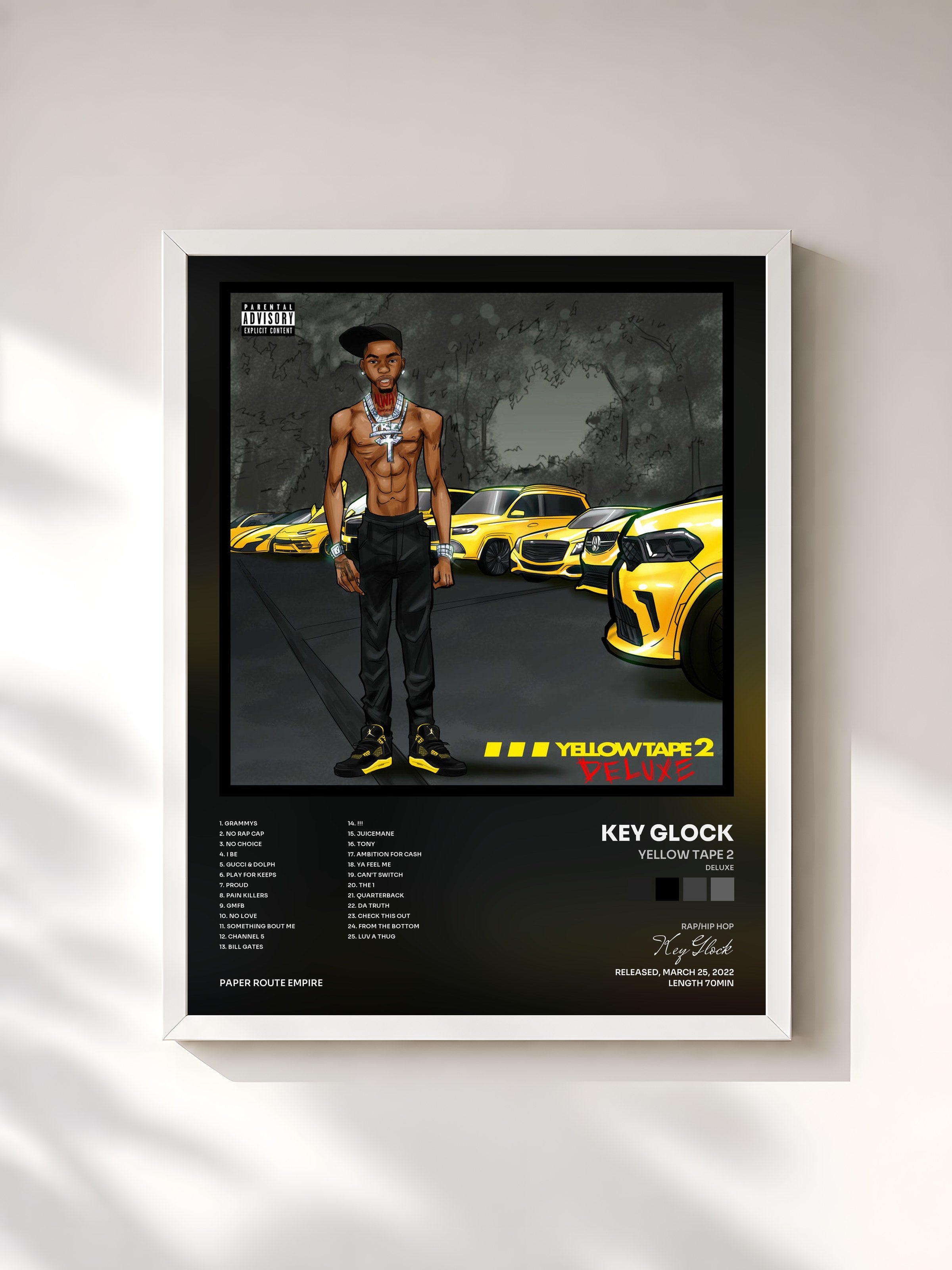 #blanc Tableau de l'album Yellow Tape 2 (Deluxe) de Key Glock, cadre blanc, imprimé et encadré en France