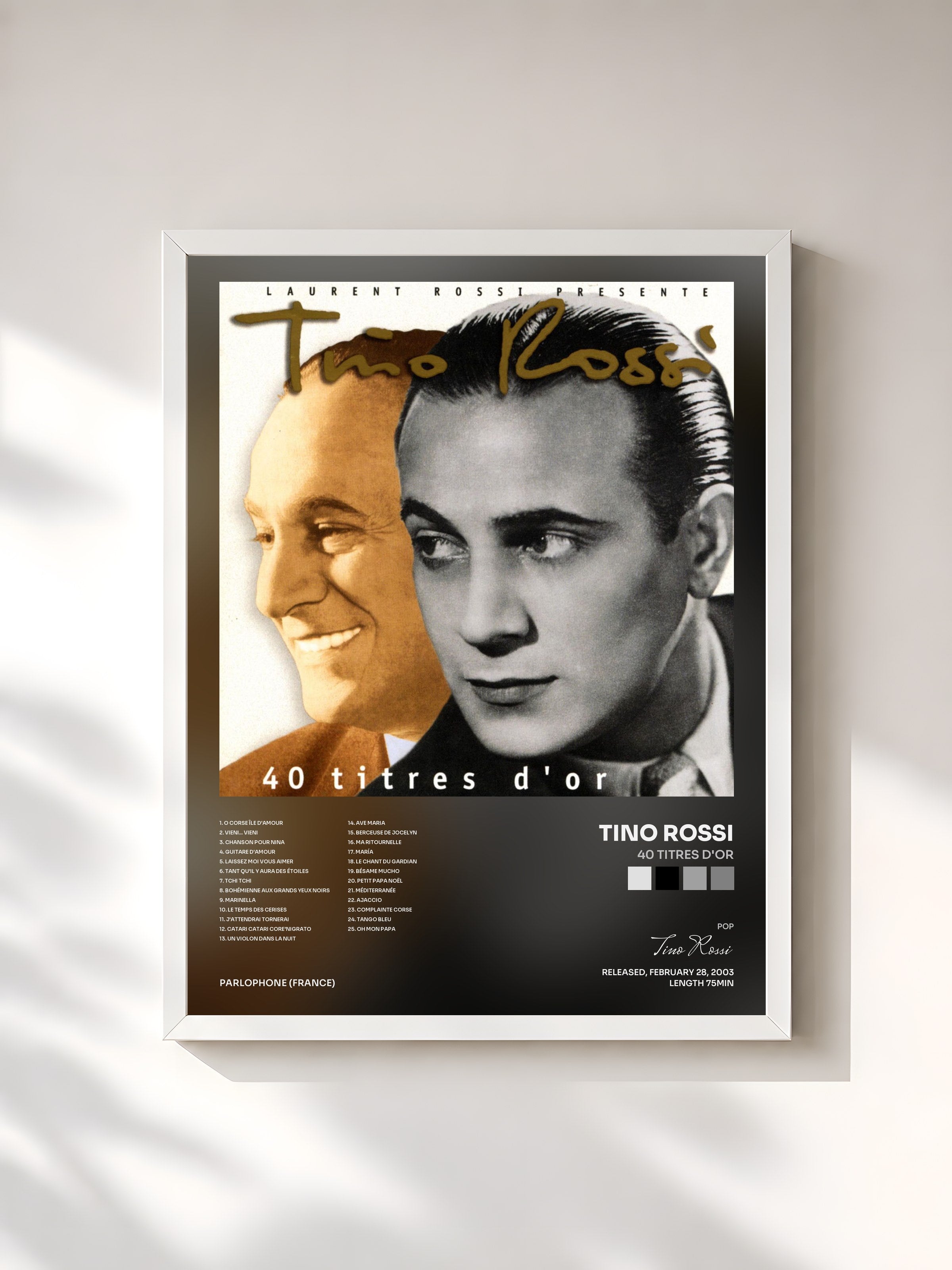 #blanc Tableau de l'album 40 titres d'or de Tino Rossi, cadre blanc, imprimé et encadré en France