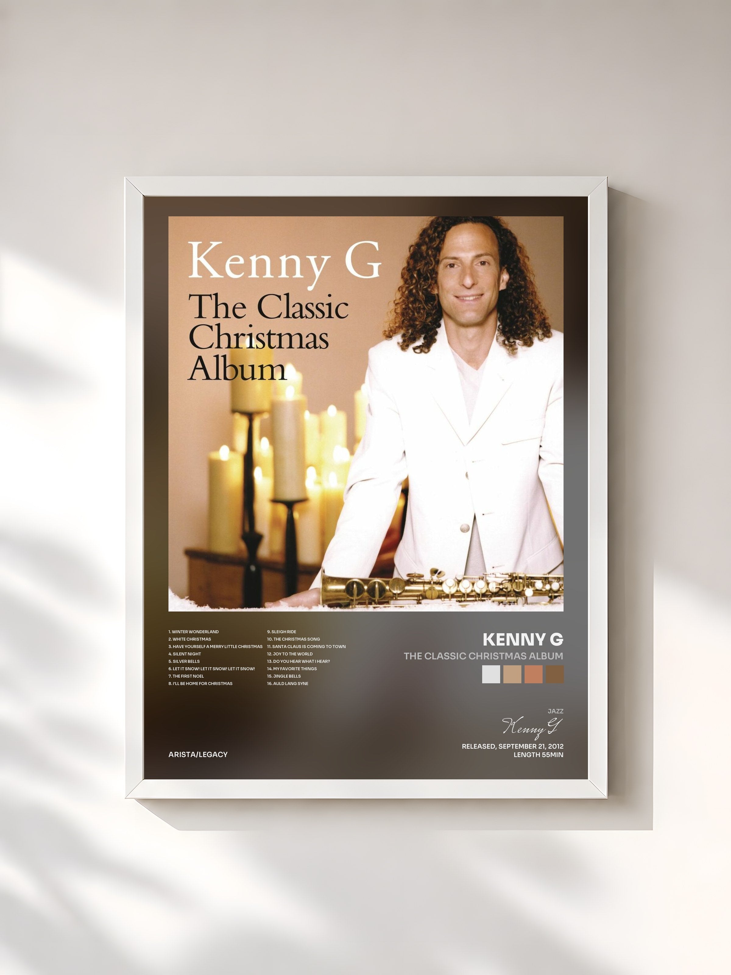 #blanc Tableau de l'album The Classic Christmas Album de Kenny G, cadre blanc, imprimé et encadré en France