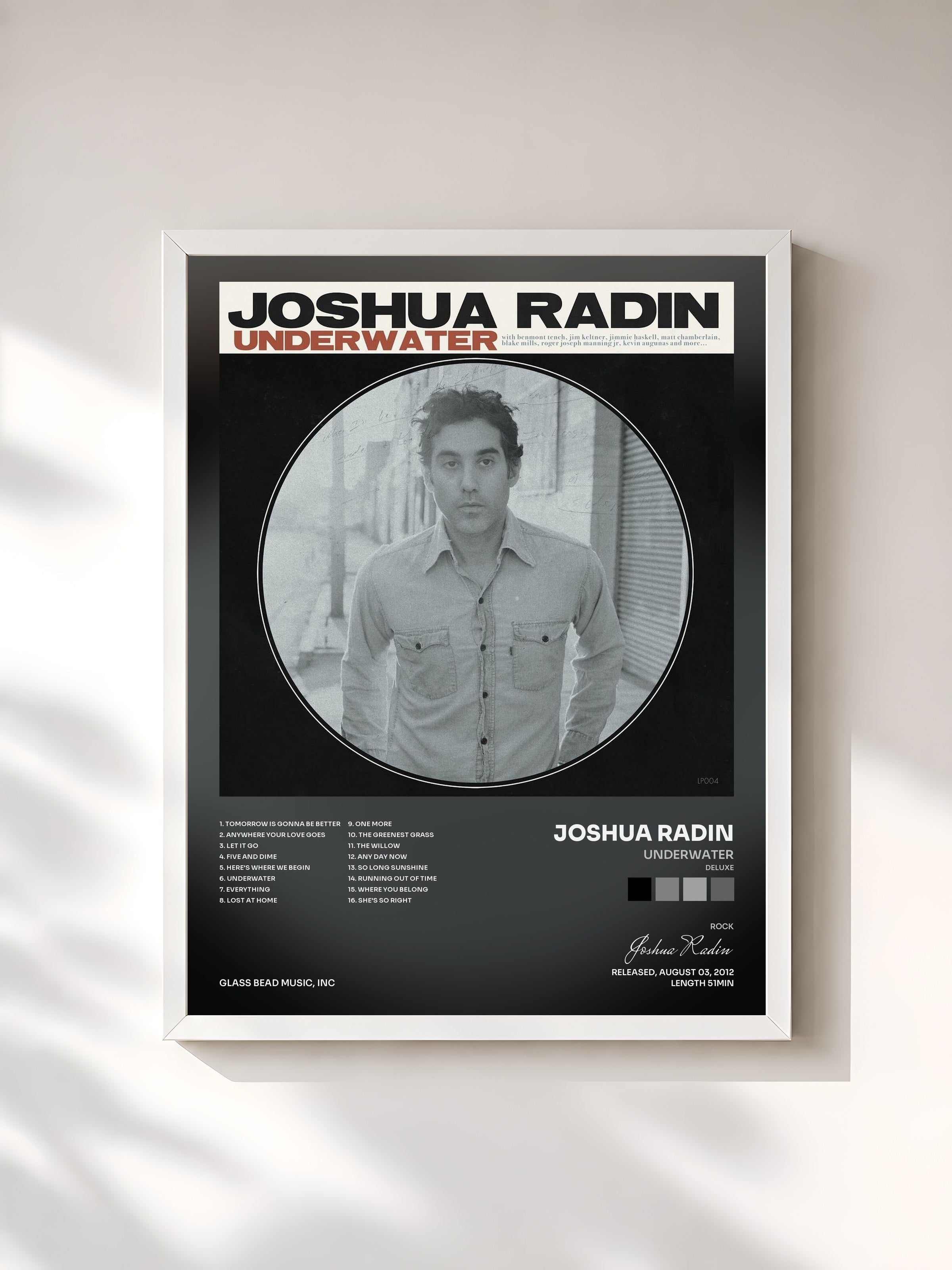 #blanc Tableau de l'album Underwater (Deluxe) de Joshua Radin, cadre blanc, imprimé et encadré en France
