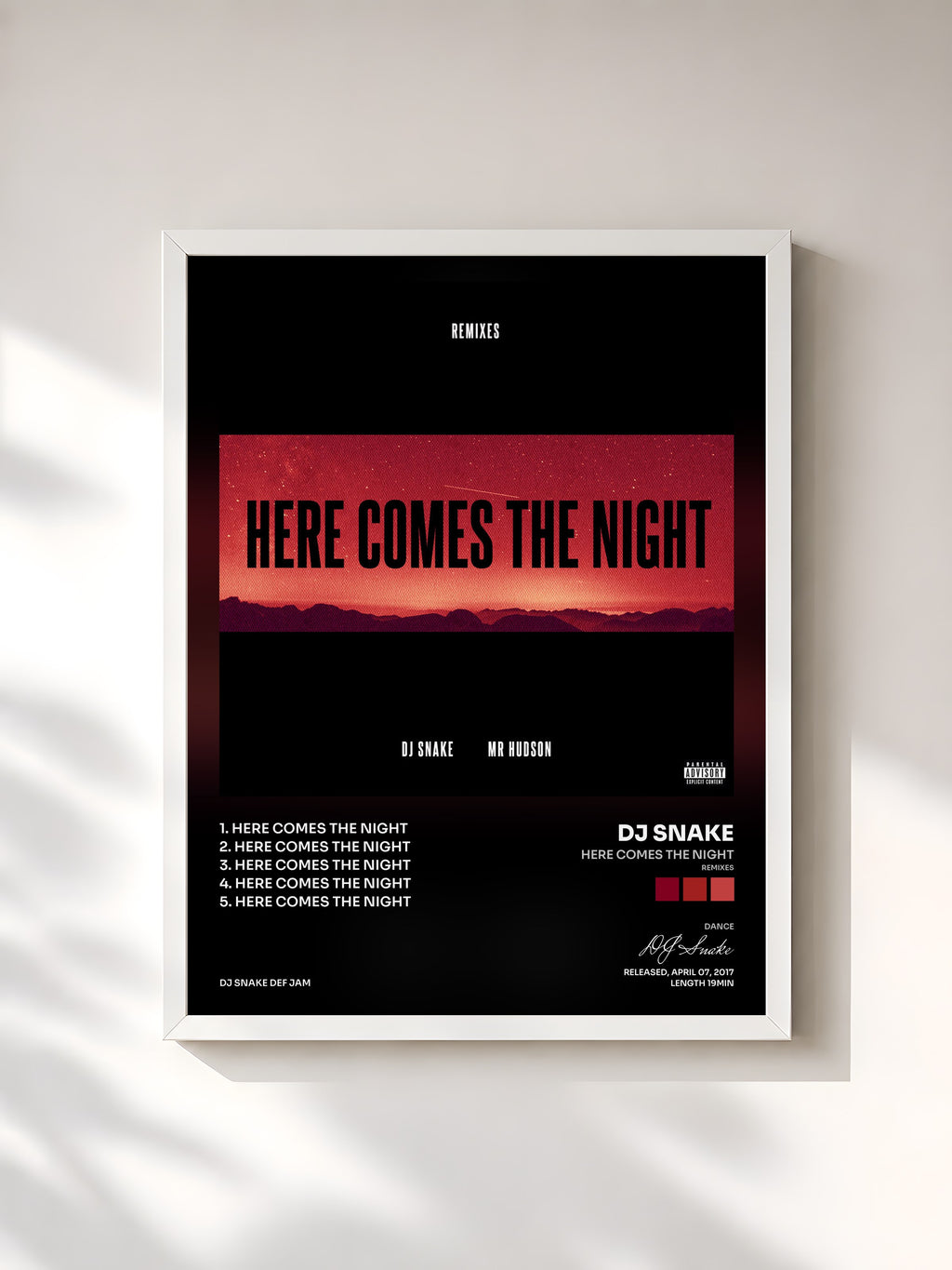 #blanc Tableau de l'album Here Comes The Night (Remixes) de DJ Snake, cadre blanc, imprimé et encadré en France