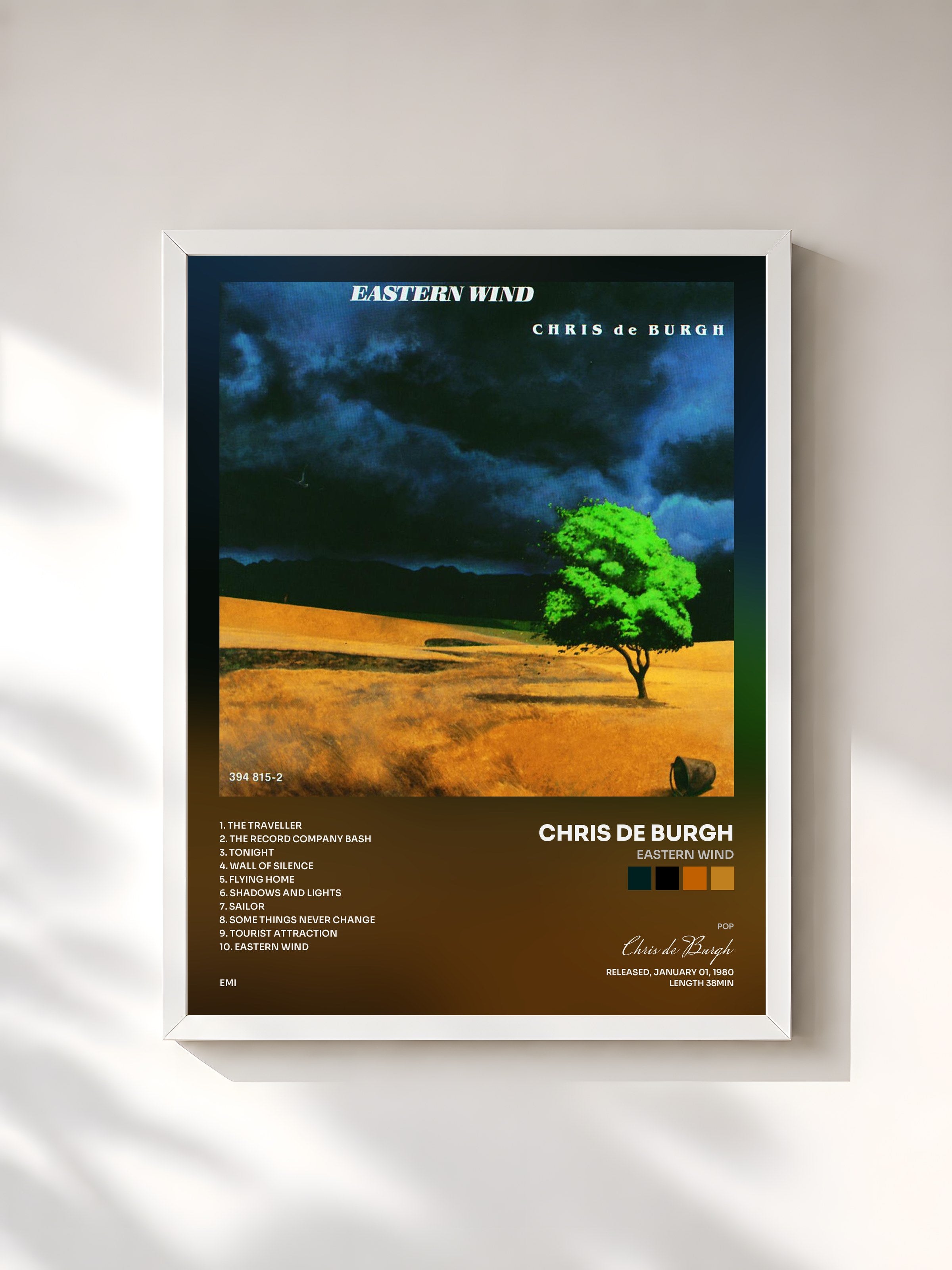 #blanc Tableau de l'album Eastern Wind de Chris de Burgh, cadre blanc, imprimé et encadré en France