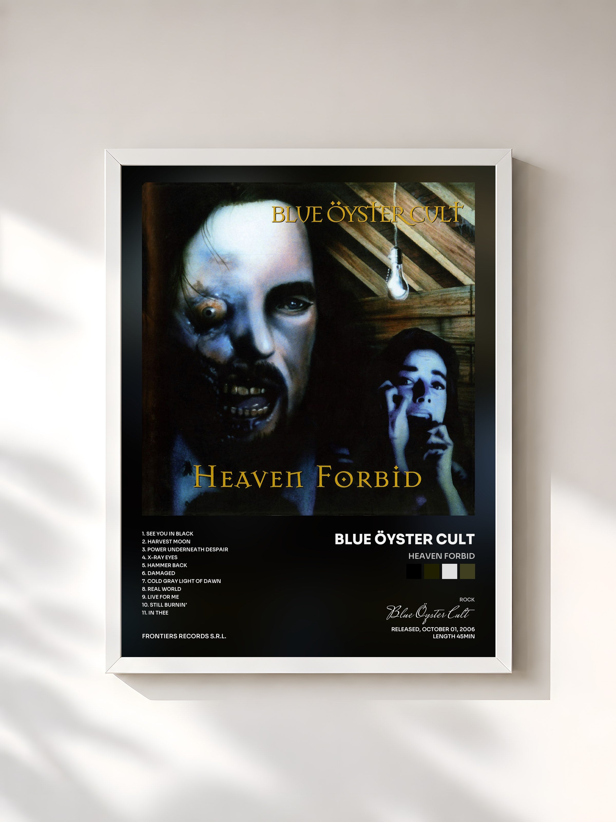 #blanc Tableau de l'album Heaven Forbid de Blue Öyster Cult, cadre blanc, imprimé et encadré en France