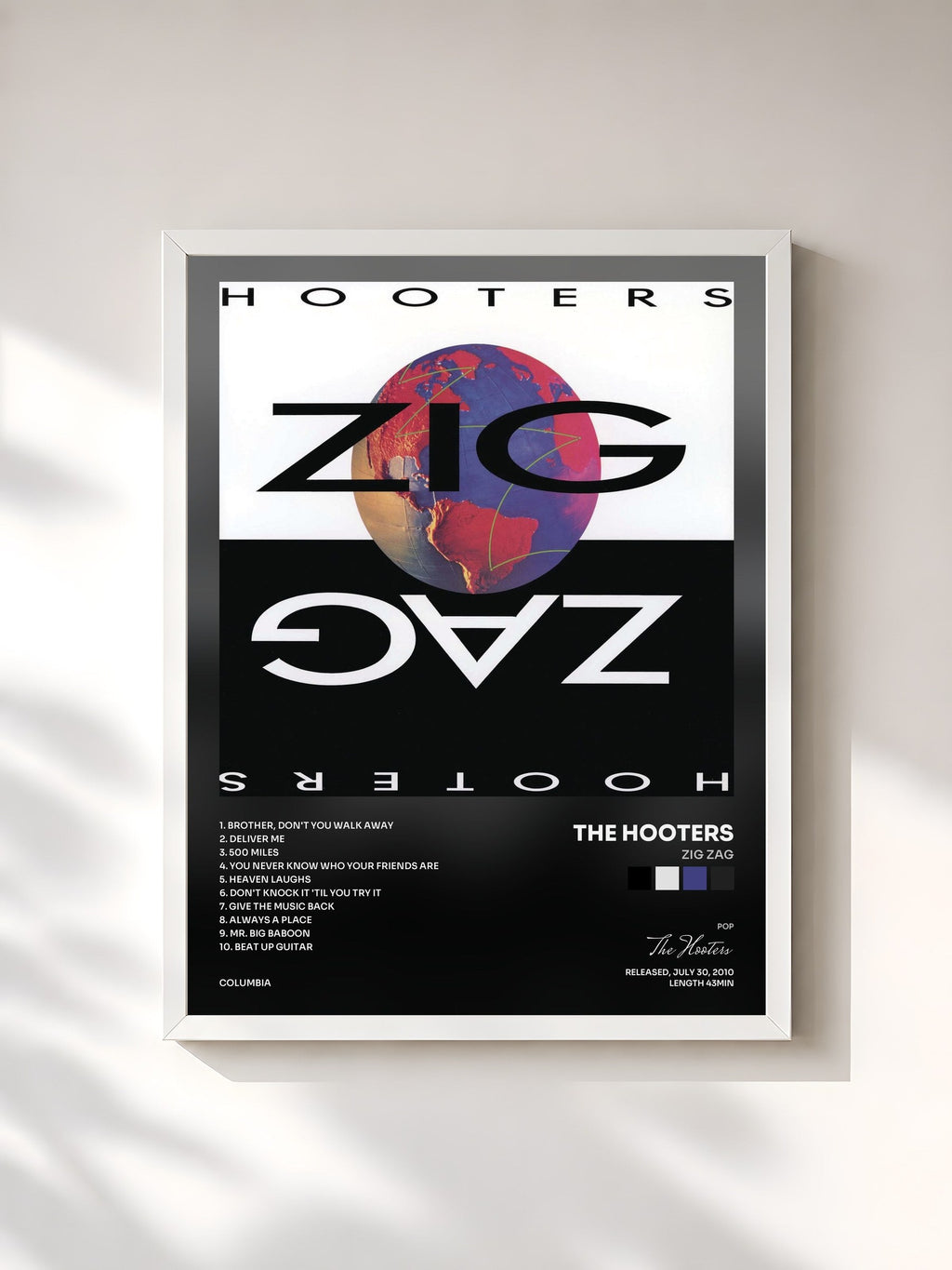 #blanc Tableau de l'album Zig Zag de The Hooters, cadre blanc, imprimé et encadré en France