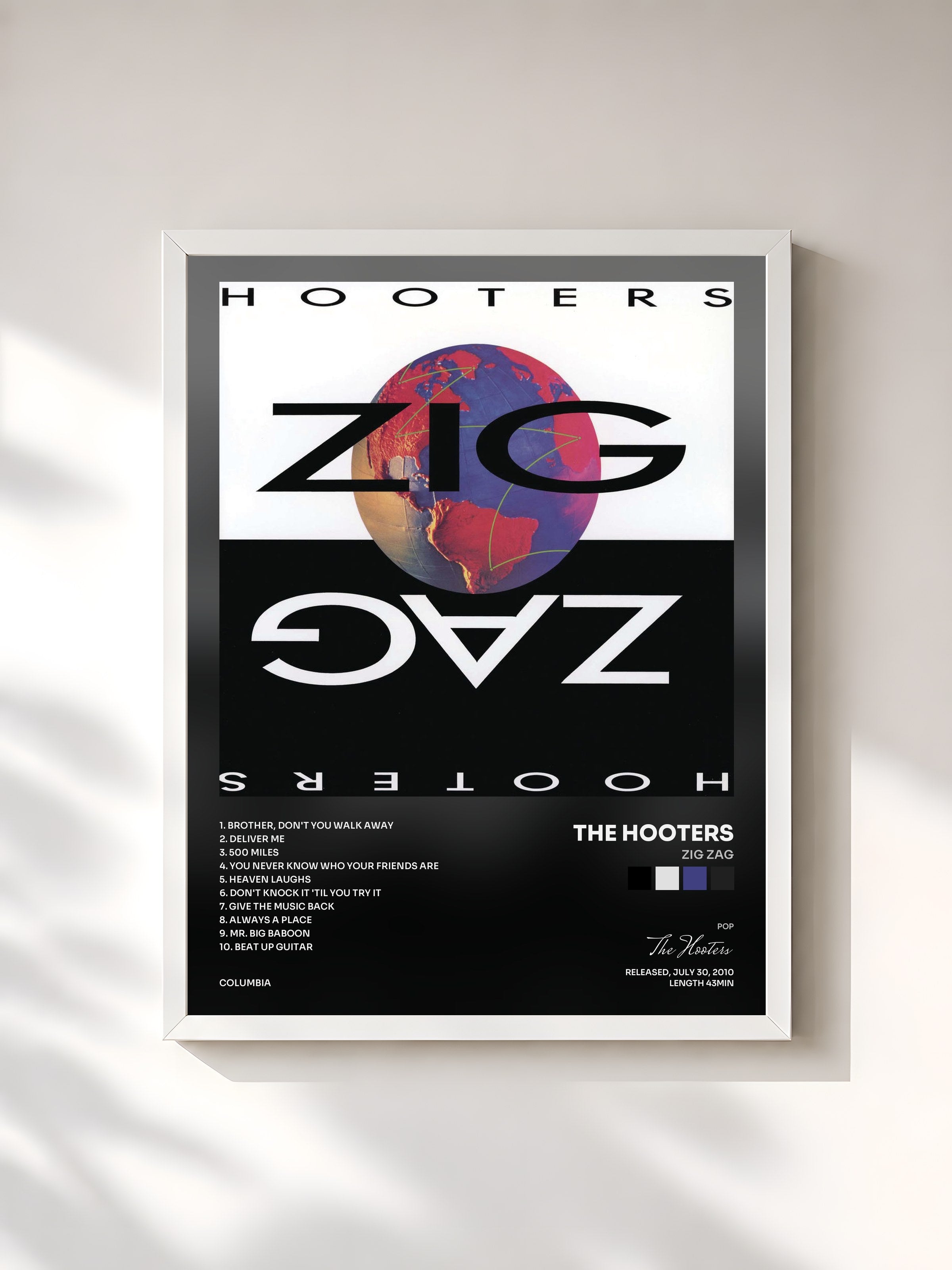 #blanc Tableau de l'album Zig Zag de The Hooters, cadre blanc, imprimé et encadré en France