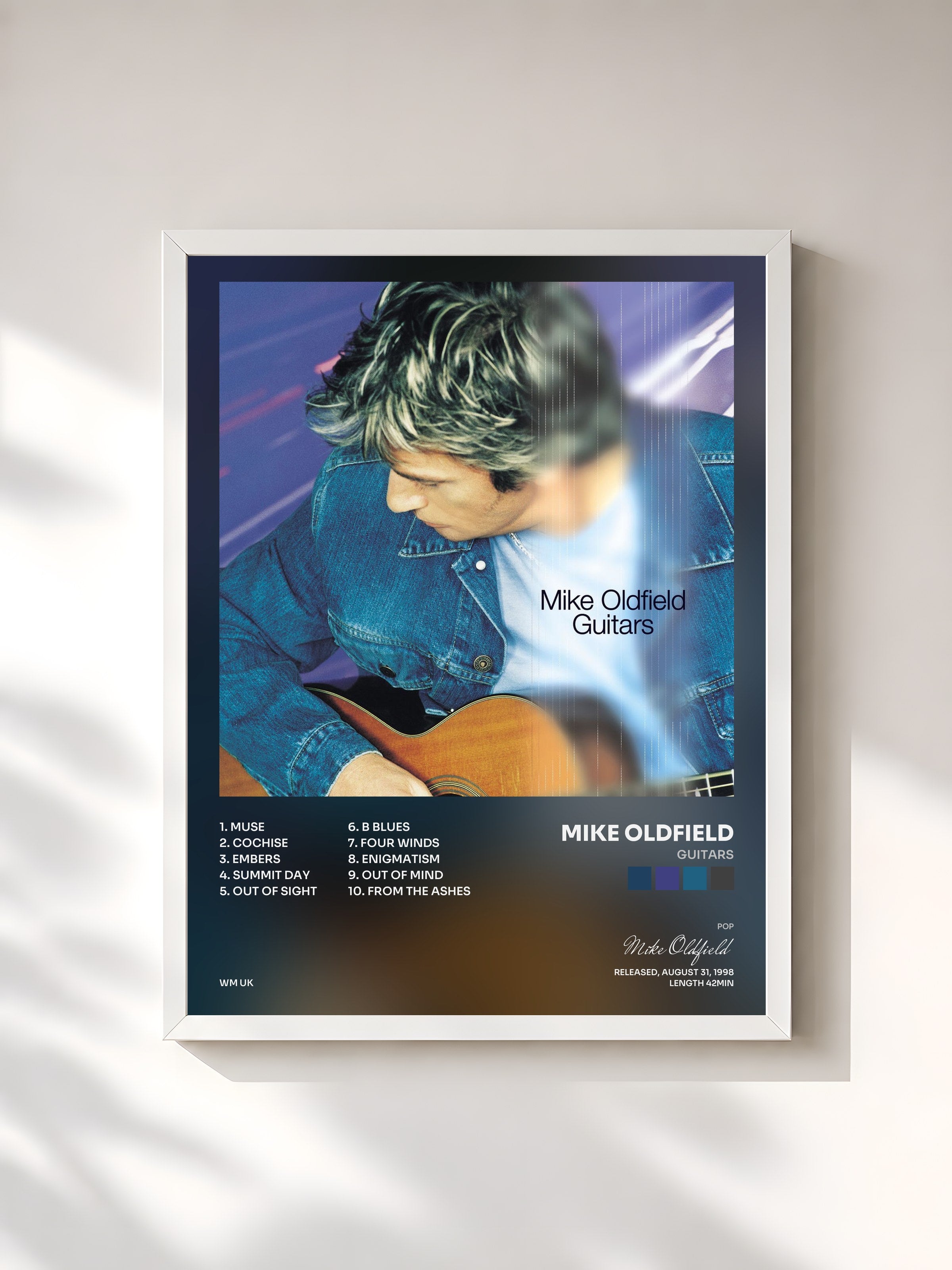 #blanc Tableau de l'album Guitars de Mike Oldfield, cadre blanc, imprimé et encadré en France