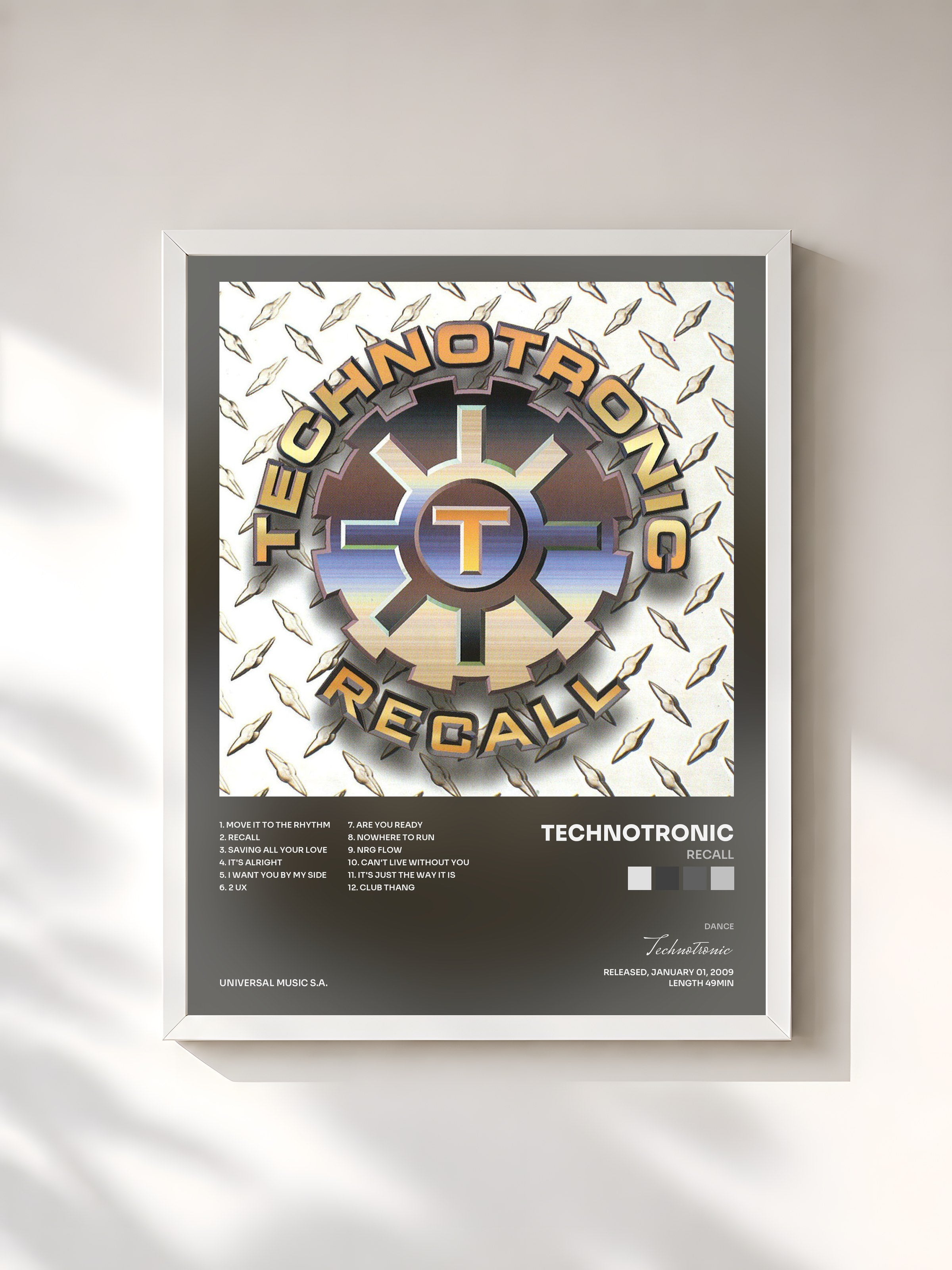 #blanc Tableau de l'album Recall de Technotronic, cadre blanc, imprimé et encadré en France
