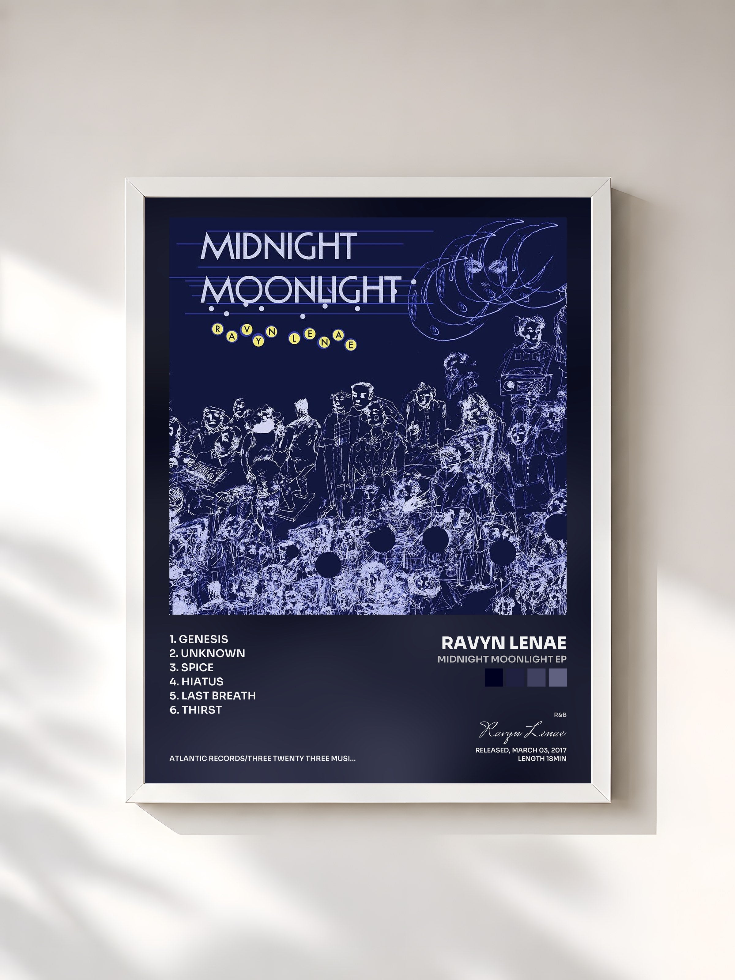 #blanc Tableau de l'album Midnight Moonlight EP de Ravyn Lenae, cadre blanc, imprimé et encadré en France