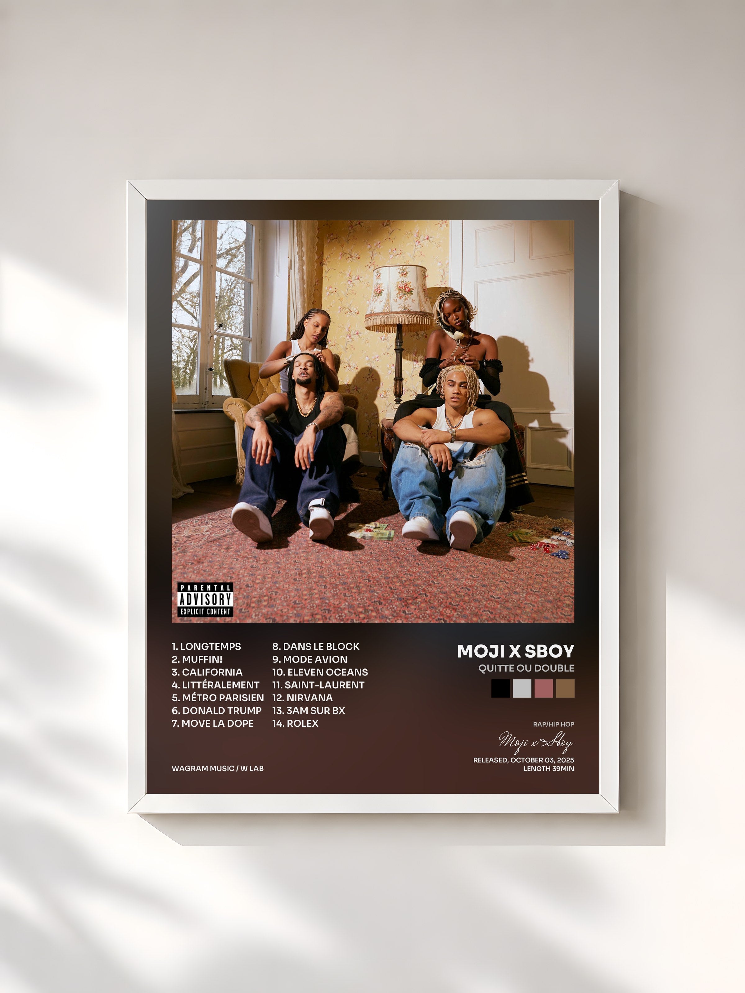 #blanc Tableau de l'album QUITTE OU DOUBLE de Moji x Sboy, cadre blanc, imprimé et encadré en France