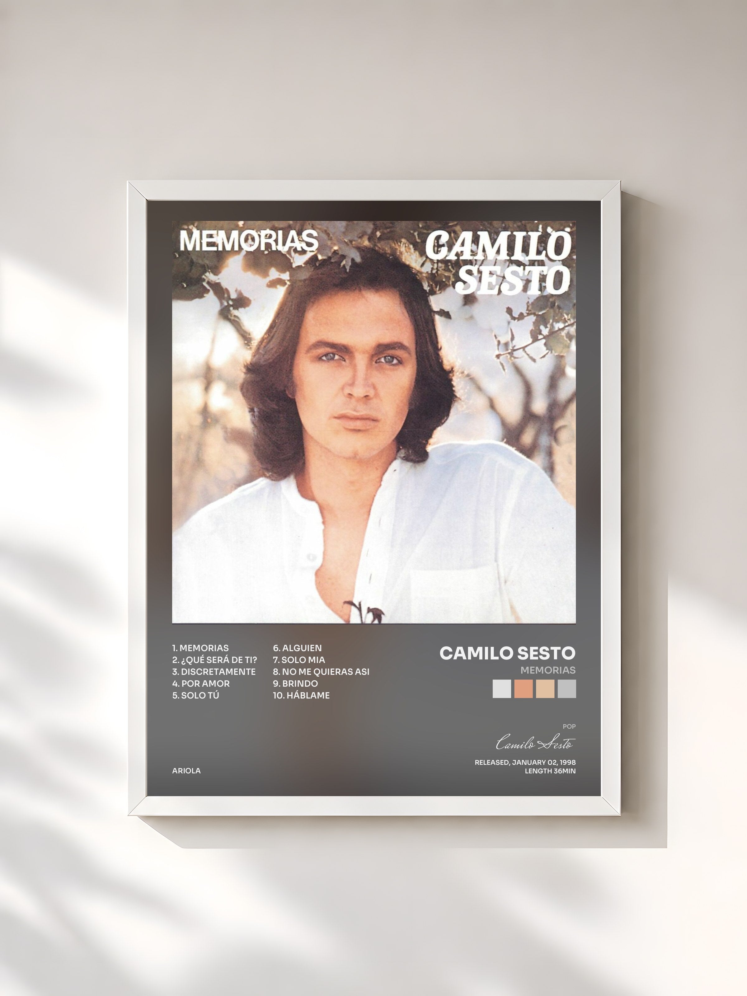 #blanc Tableau de l'album Memorias de Camilo Sesto, cadre blanc, imprimé et encadré en France