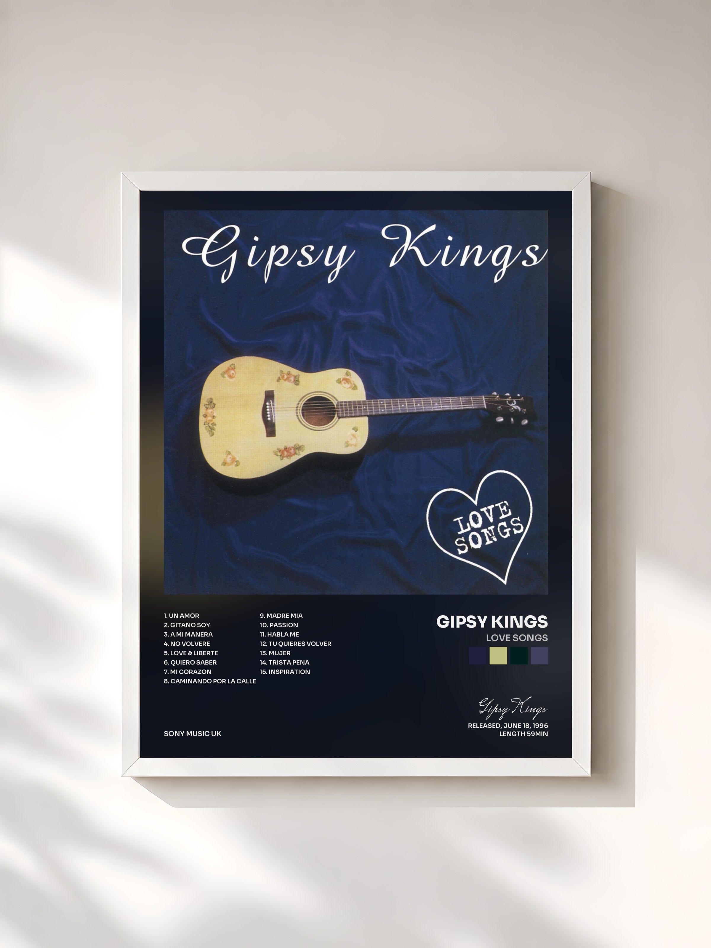 #blanc Tableau de l'album Love Songs de Gipsy Kings, cadre blanc, imprimé et encadré en France