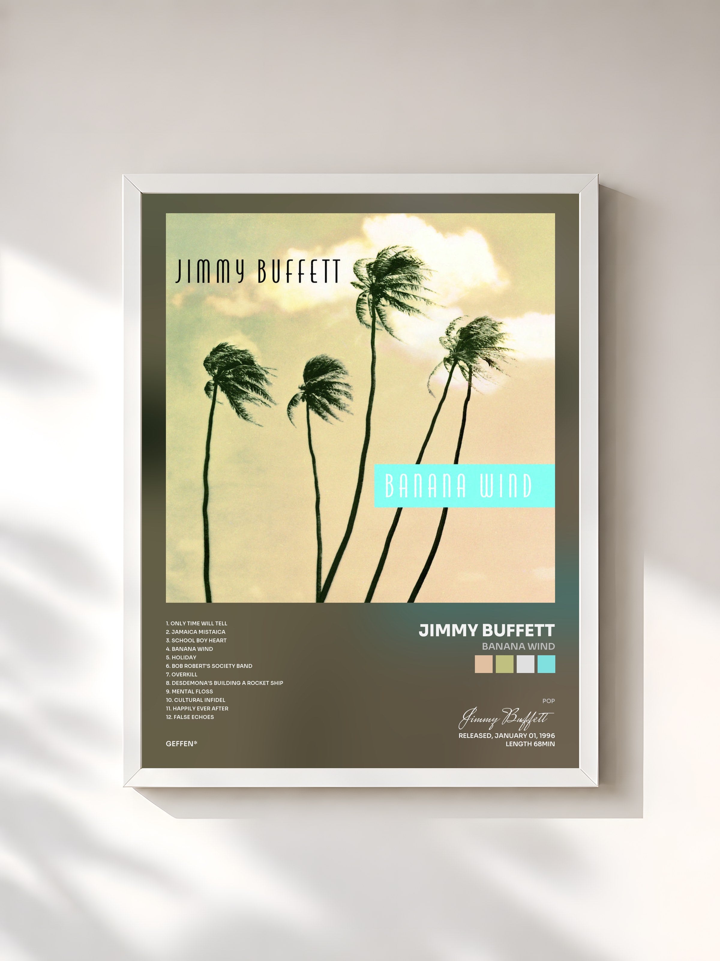 #blanc Tableau de l'album Banana Wind de Jimmy Buffett, cadre blanc, imprimé et encadré en France