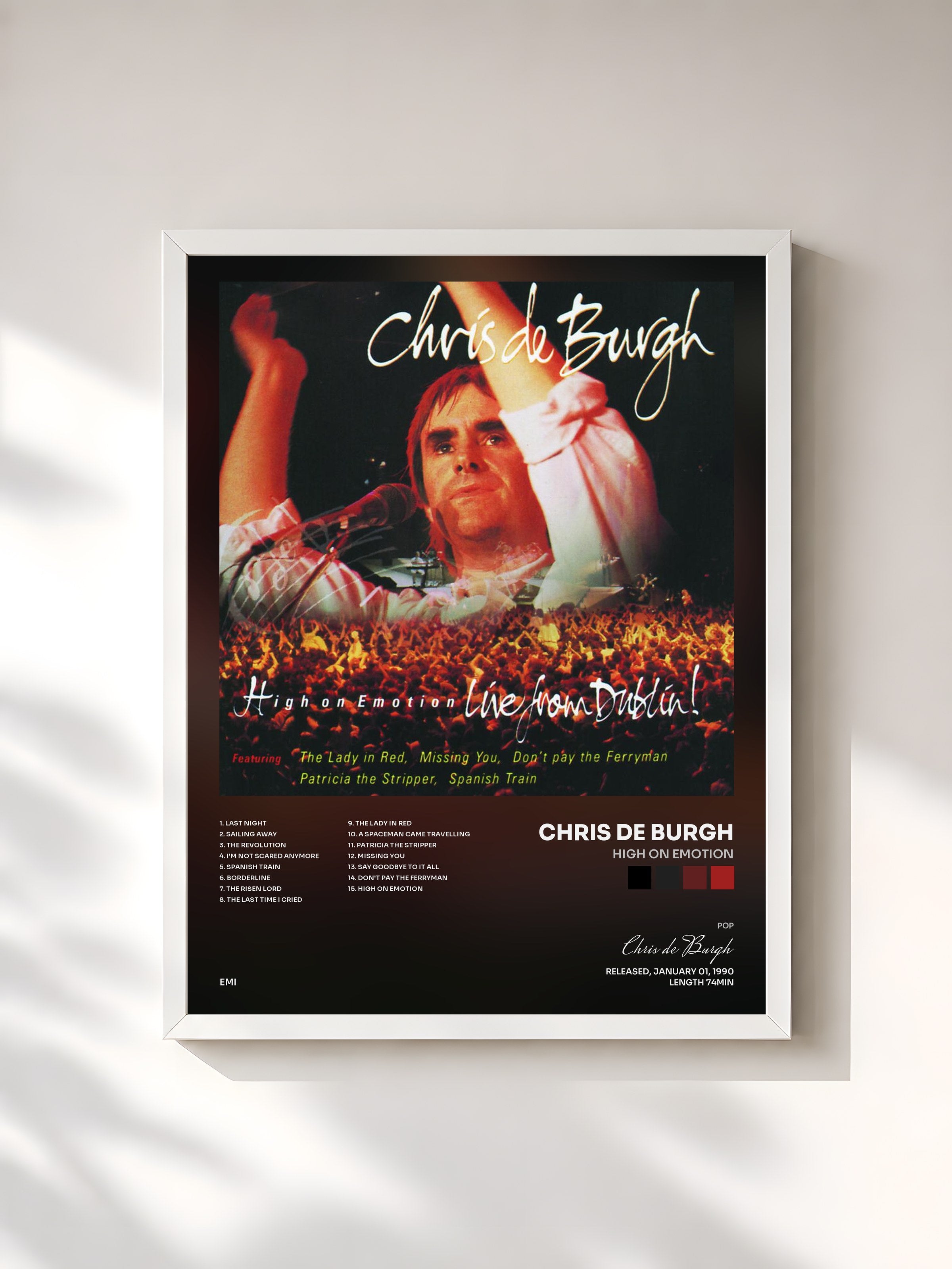 #blanc Tableau de l'album High On Emotion de Chris de Burgh, cadre blanc, imprimé et encadré en France