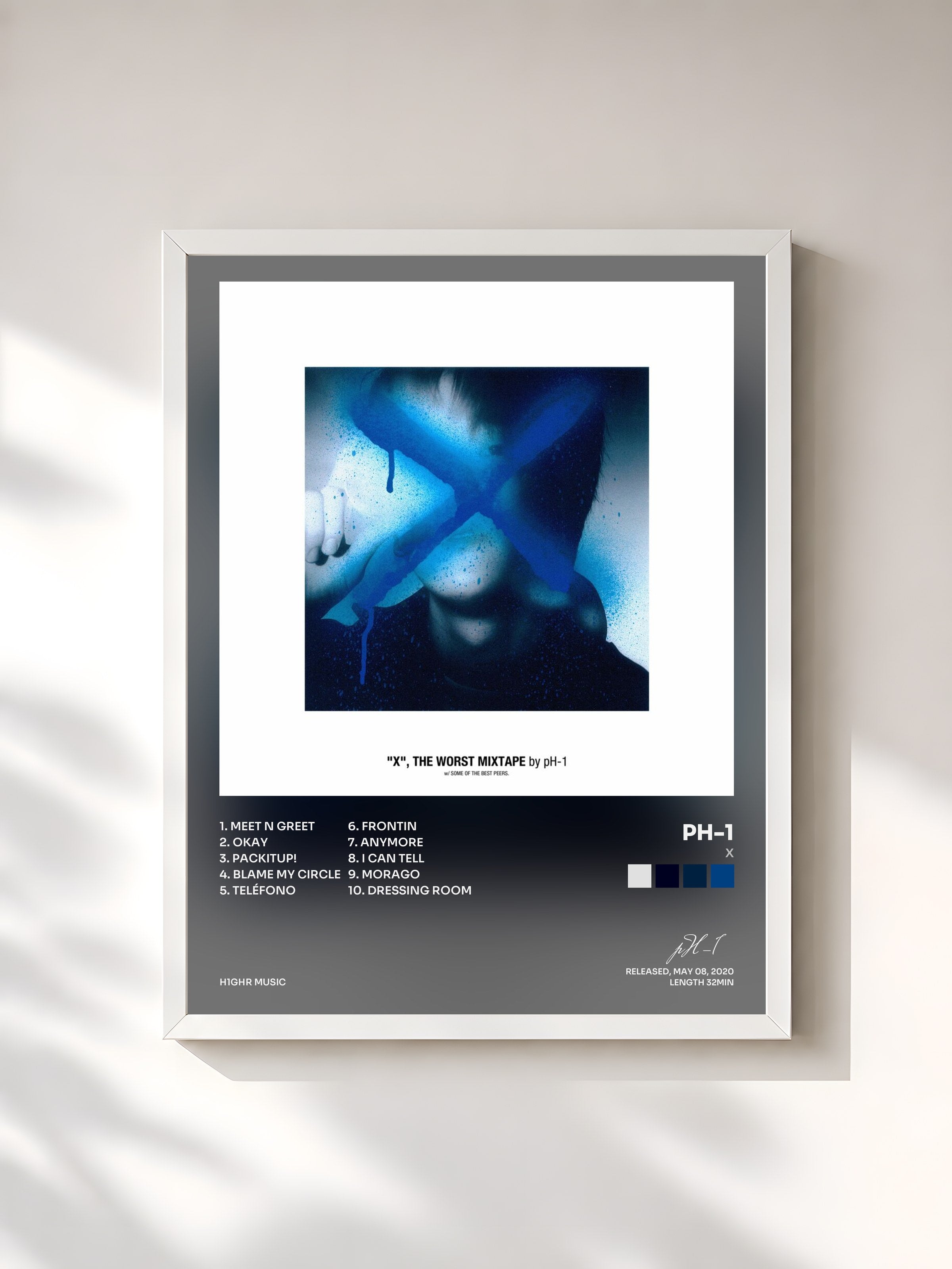 #blanc Tableau de l'album X de pH-1, cadre blanc, imprimé et encadré en France