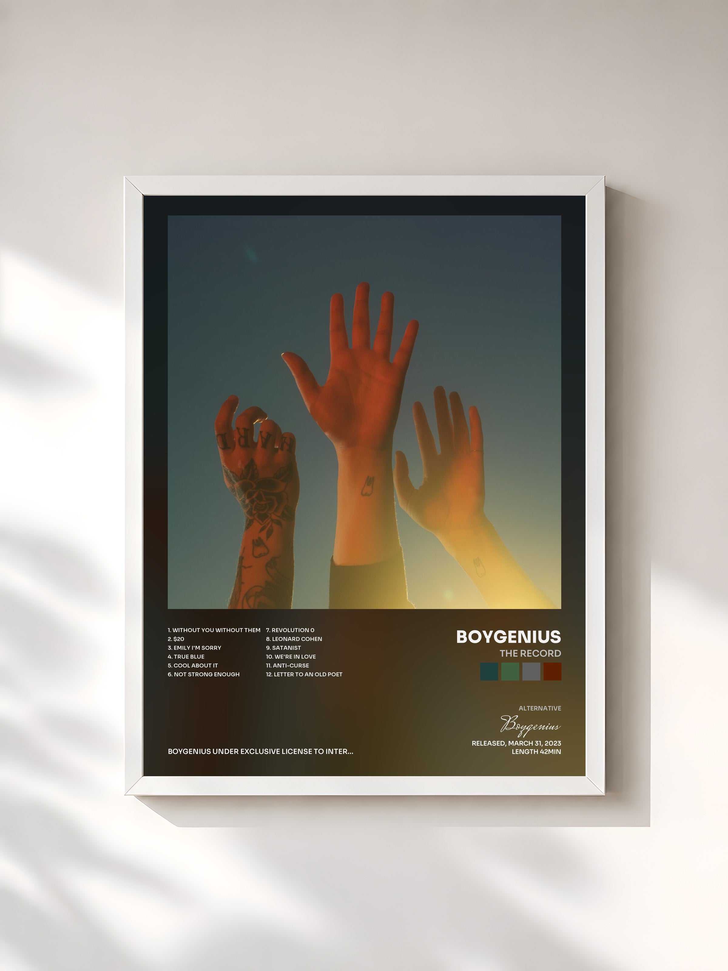 #blanc Tableau de l'album the record de Boygenius, cadre blanc, imprimé et encadré en France