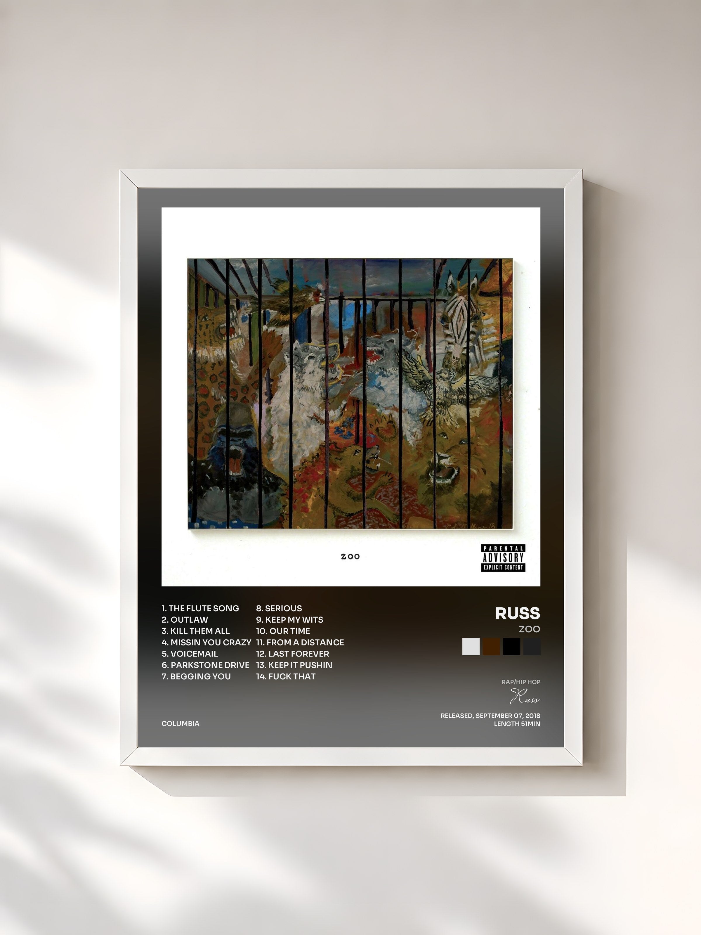 #blanc Tableau de l'album ZOO de Russ, cadre blanc, imprimé et encadré en France
