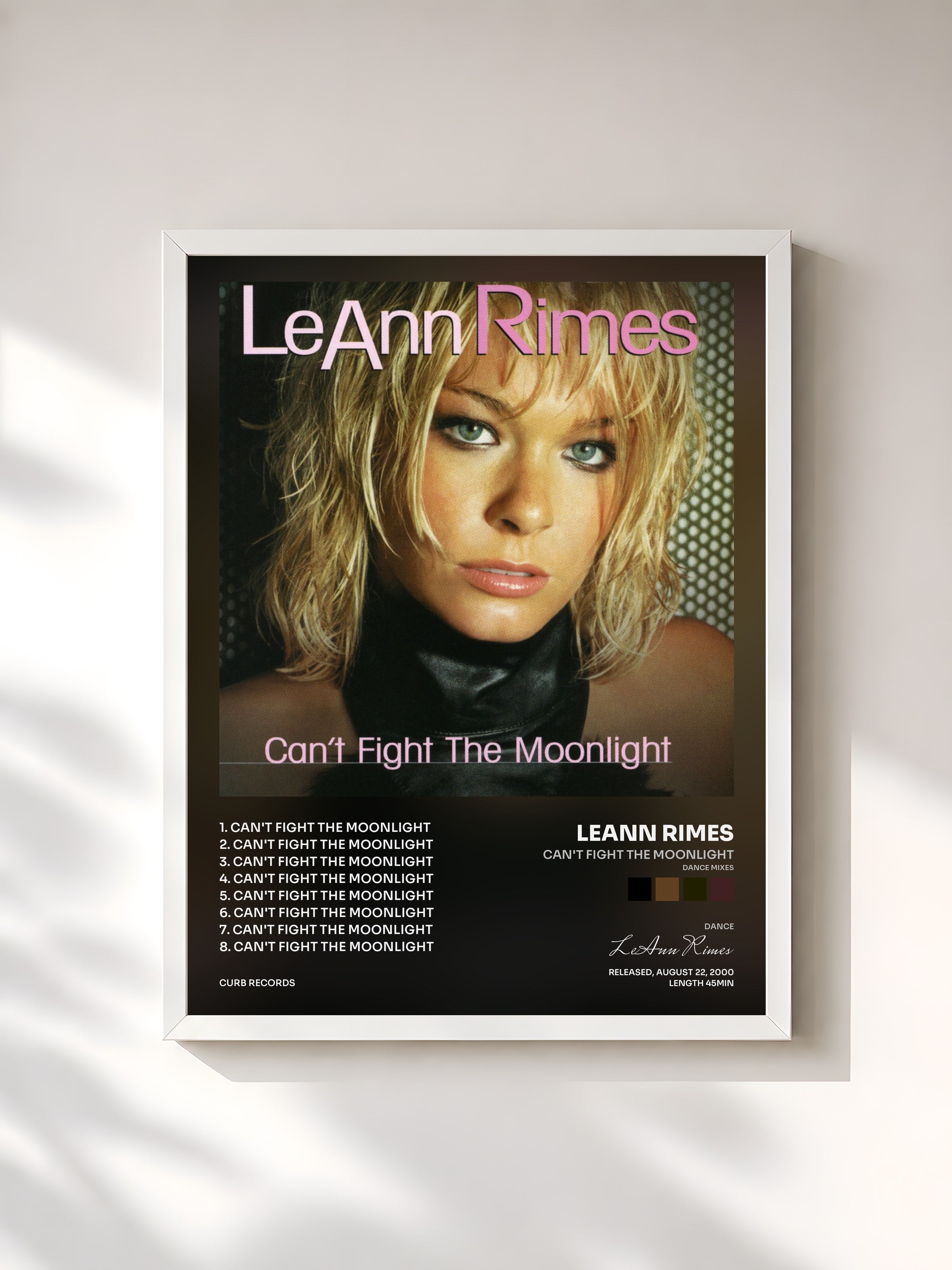 #blanc Tableau de l'album Can't Fight The Moonlight (Dance Mixes) de LeAnn Rimes, cadre blanc, imprimé et encadré en France