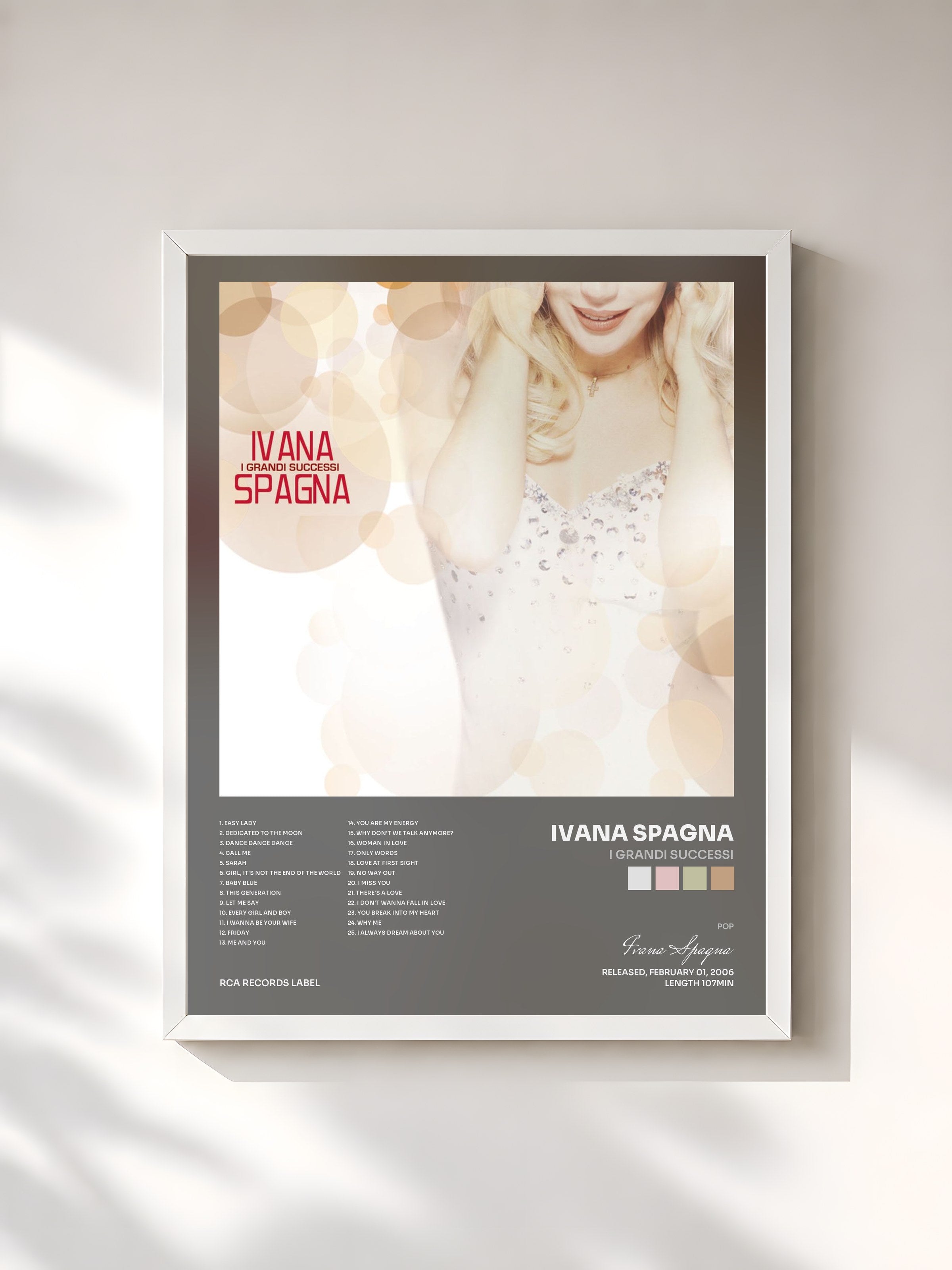 #blanc Tableau de l'album I Grandi Successi de Ivana Spagna, cadre blanc, imprimé et encadré en France