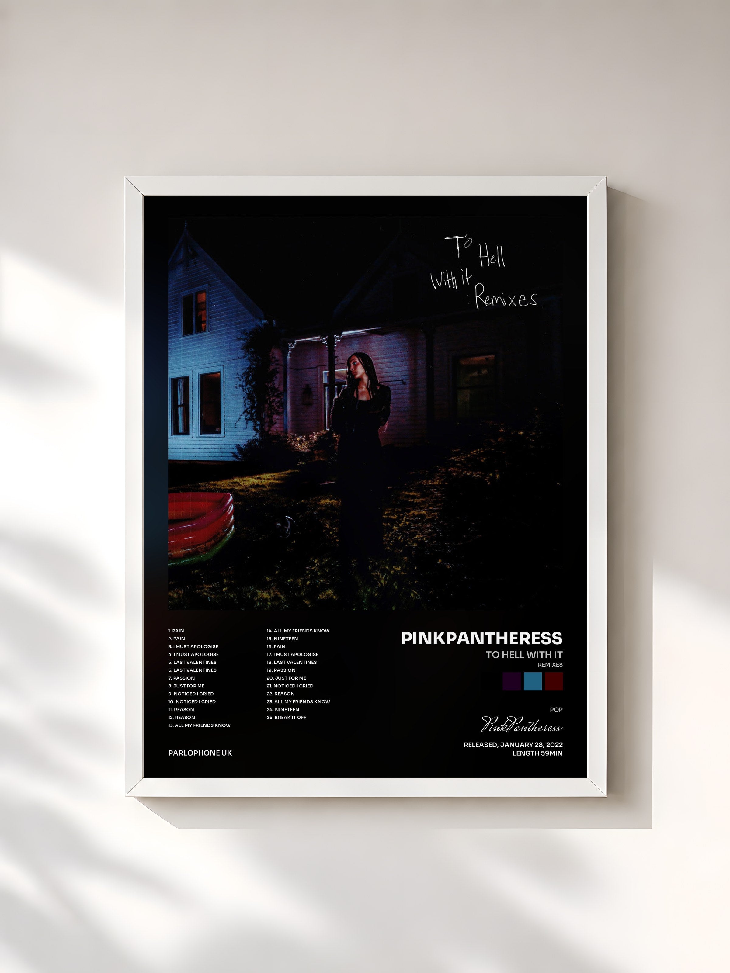 #blanc Tableau de l'album to hell with it (Remixes) de PinkPantheress, cadre blanc, imprimé et encadré en France