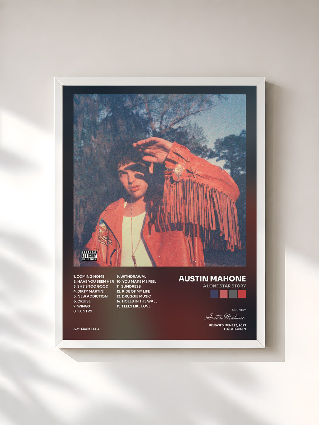 #blanc Tableau de l'album A Lone Star Story de Austin Mahone, cadre blanc, imprimé et encadré en France