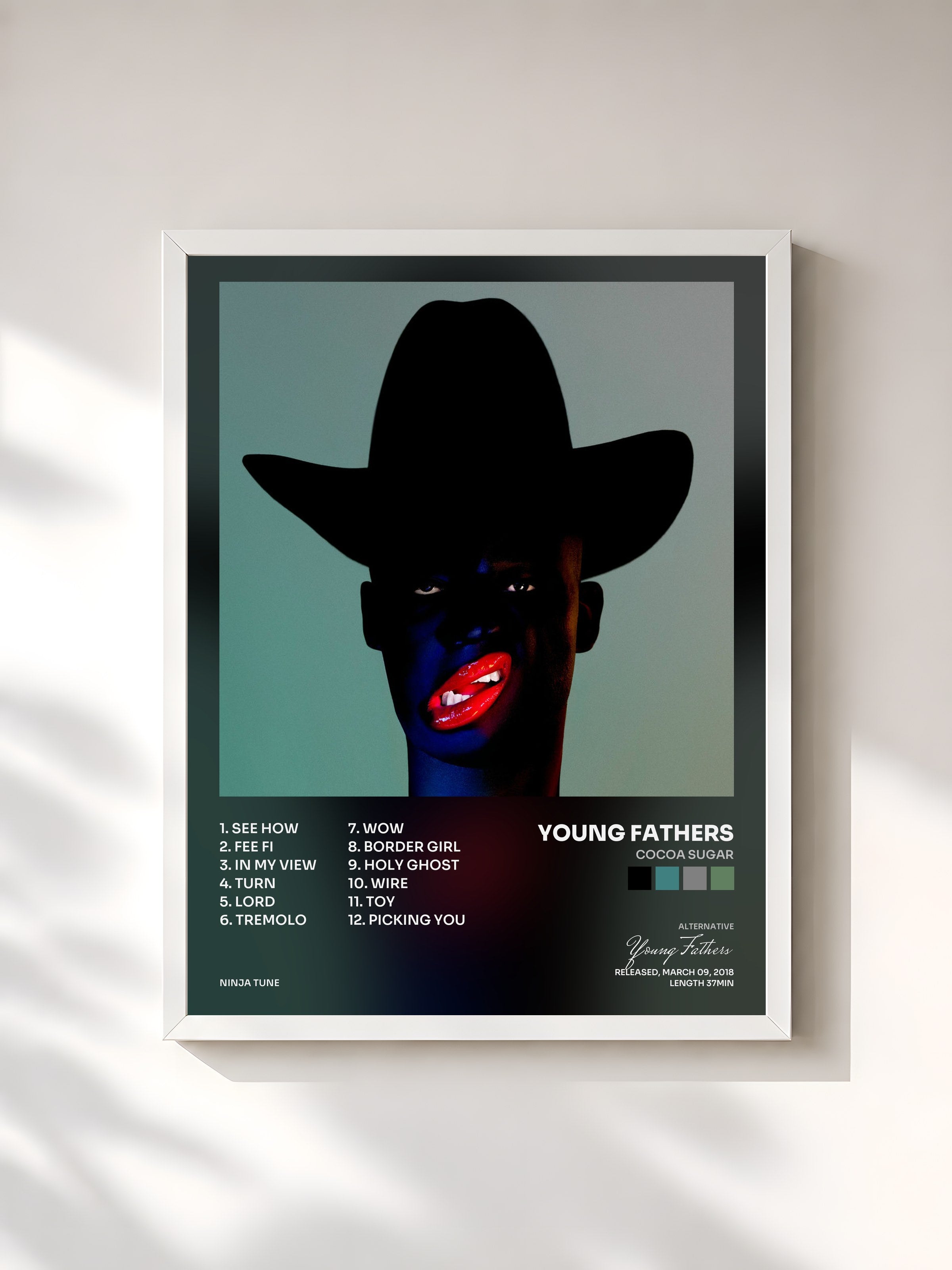 #blanc Tableau de l'album Cocoa Sugar de Young Fathers, cadre blanc, imprimé et encadré en France