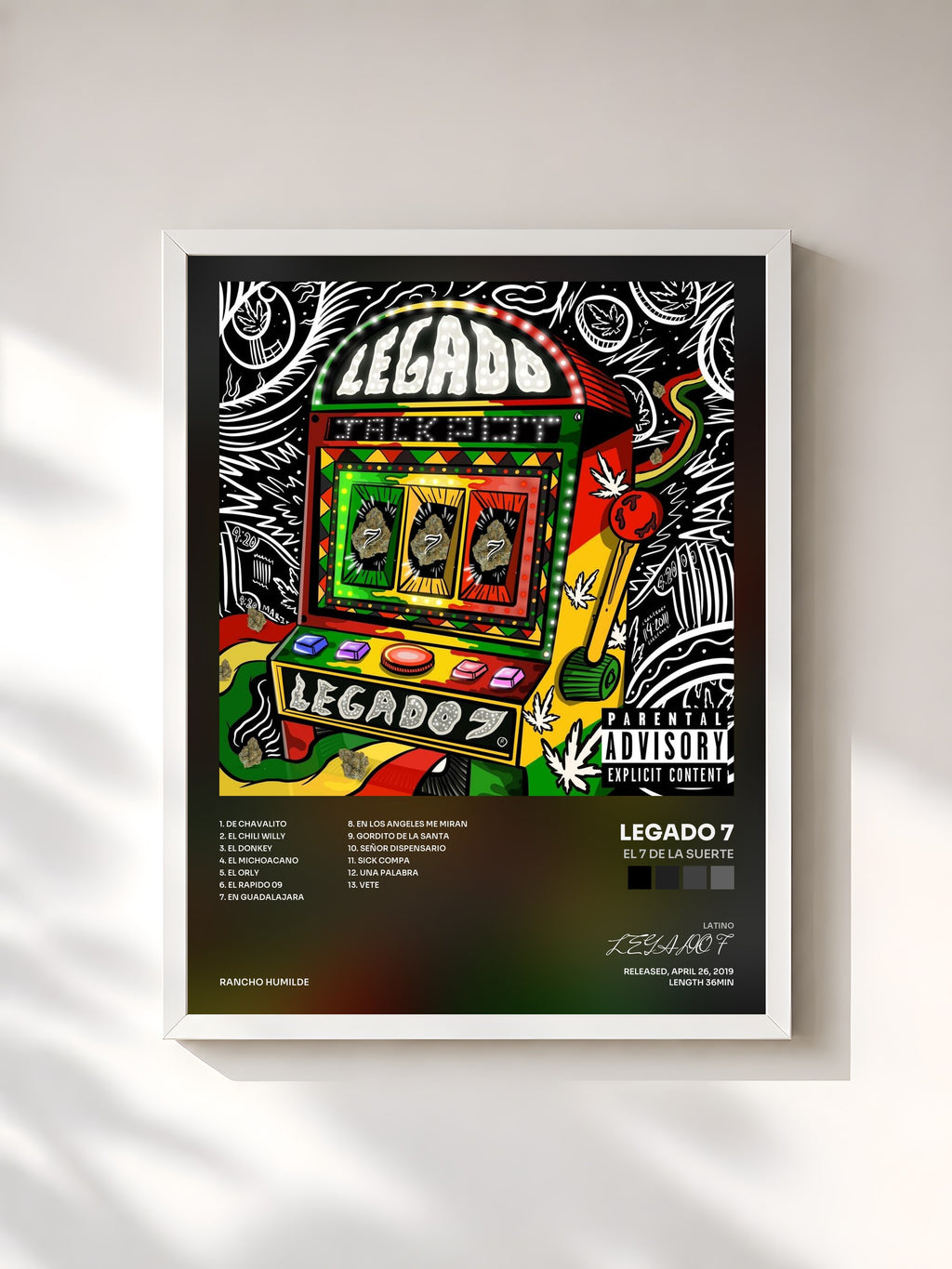 #blanc Tableau de l'album El 7 De La Suerte de LEGADO 7, cadre blanc, imprimé et encadré en France