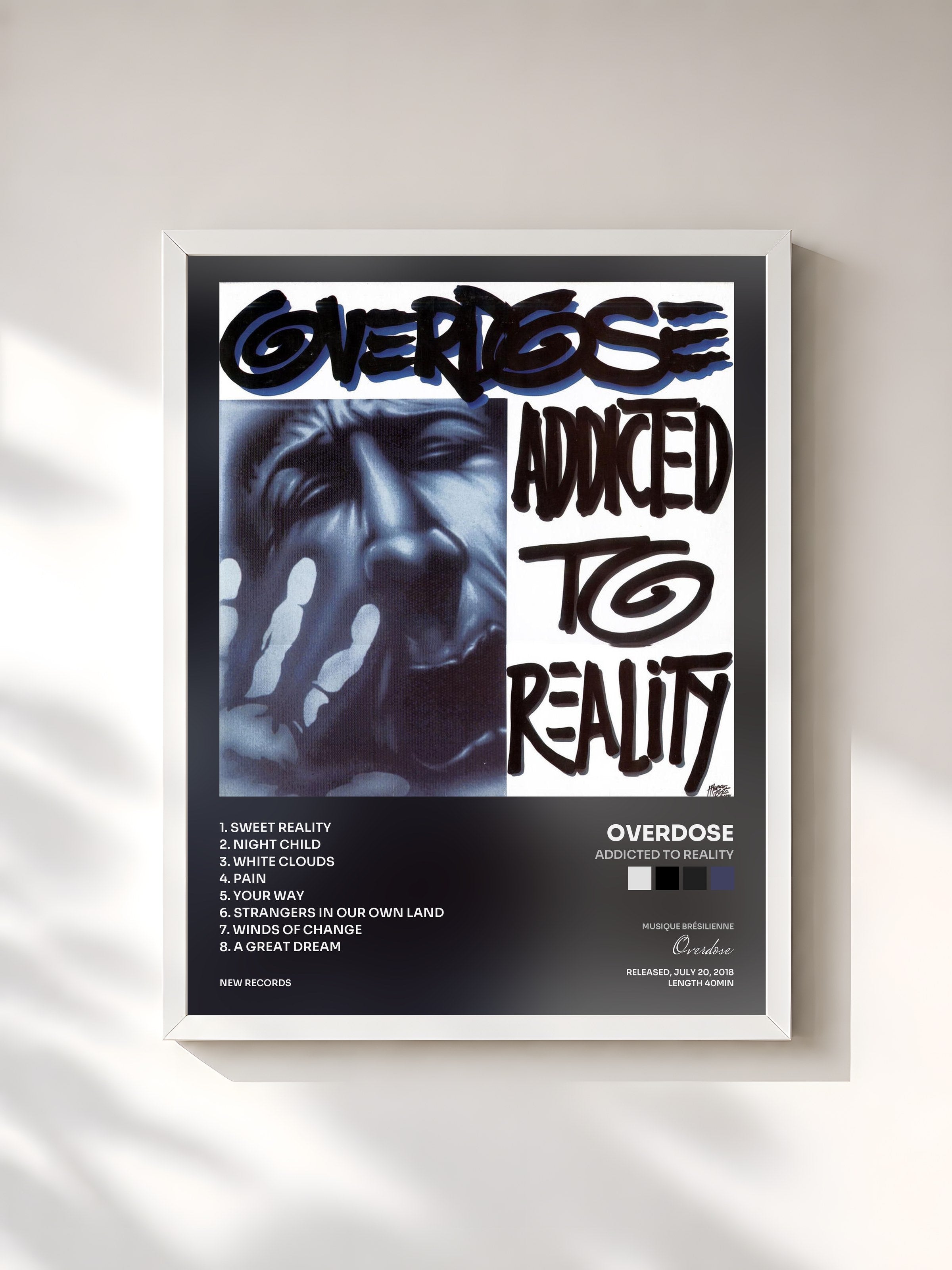 #blanc Tableau de l'album Addicted to Reality de Overdose, cadre blanc, imprimé et encadré en France