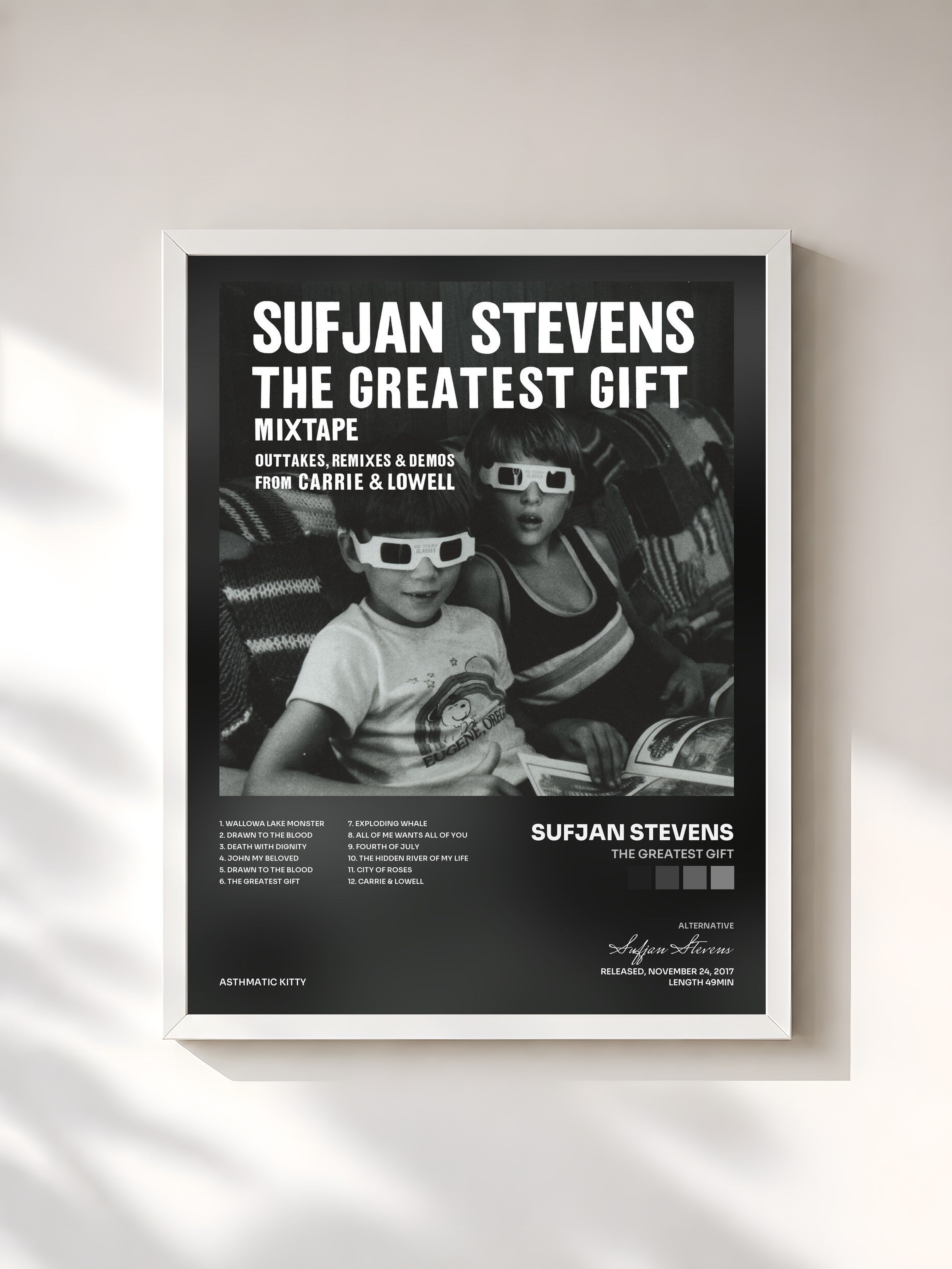 #blanc Tableau de l'album The Greatest Gift de Sufjan Stevens, cadre blanc, imprimé et encadré en France