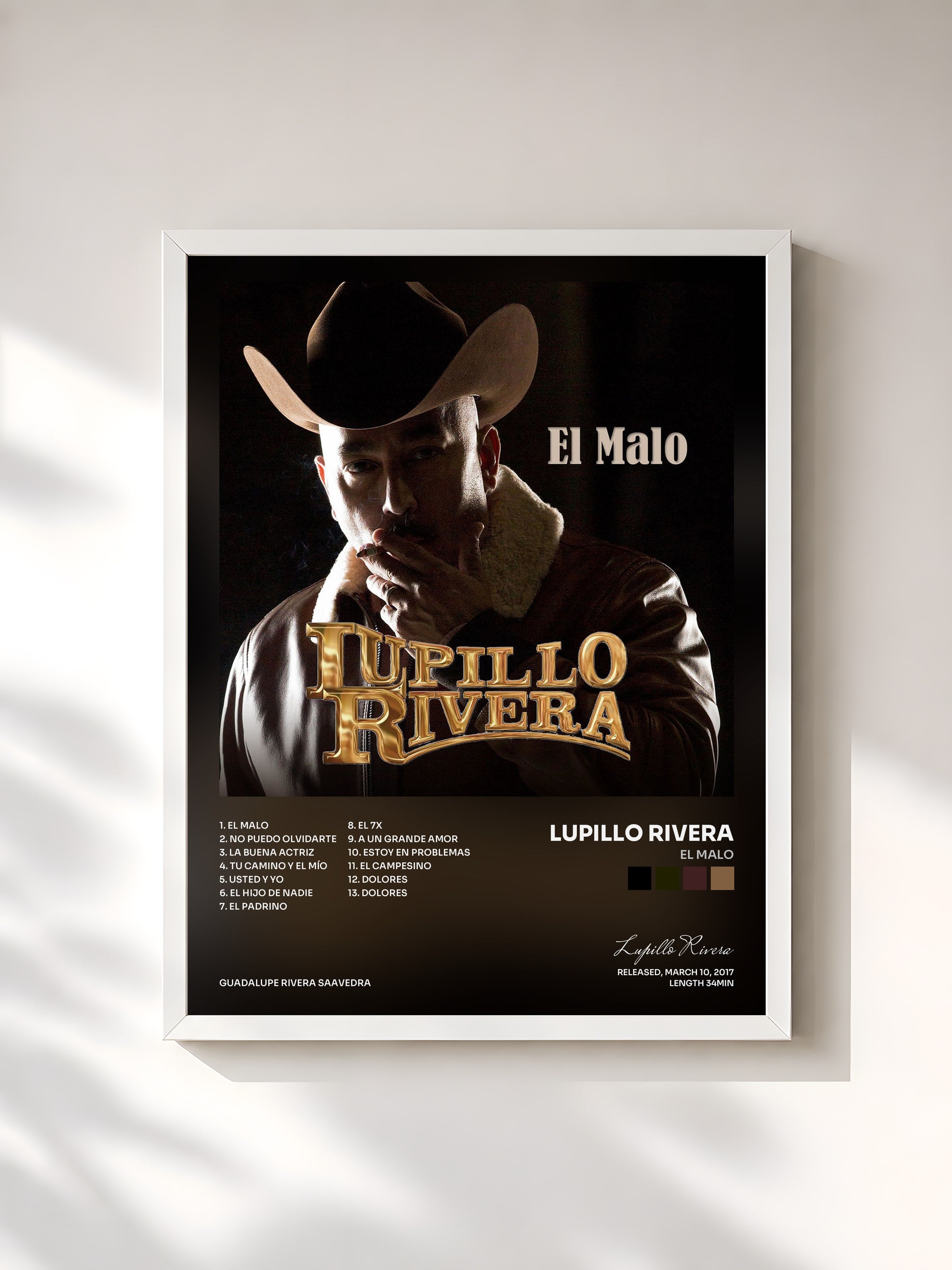 #blanc Tableau de l'album El Malo de Lupillo Rivera, cadre blanc, imprimé et encadré en France
