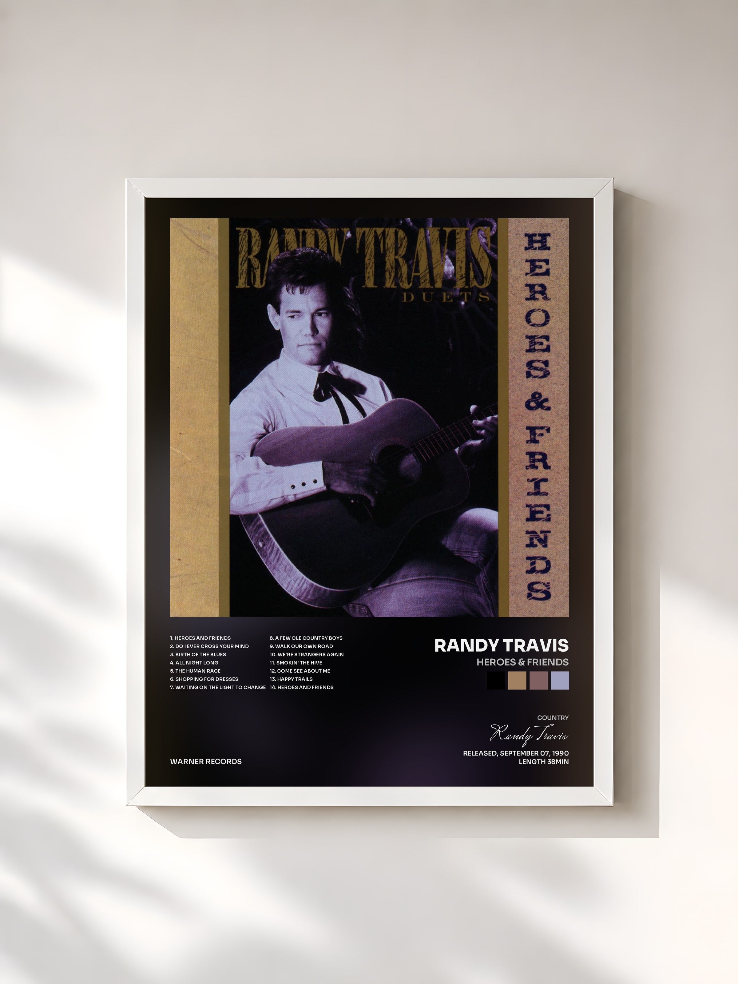 #blanc Tableau de l'album Heroes & Friends de Randy Travis, cadre blanc, imprimé et encadré en France