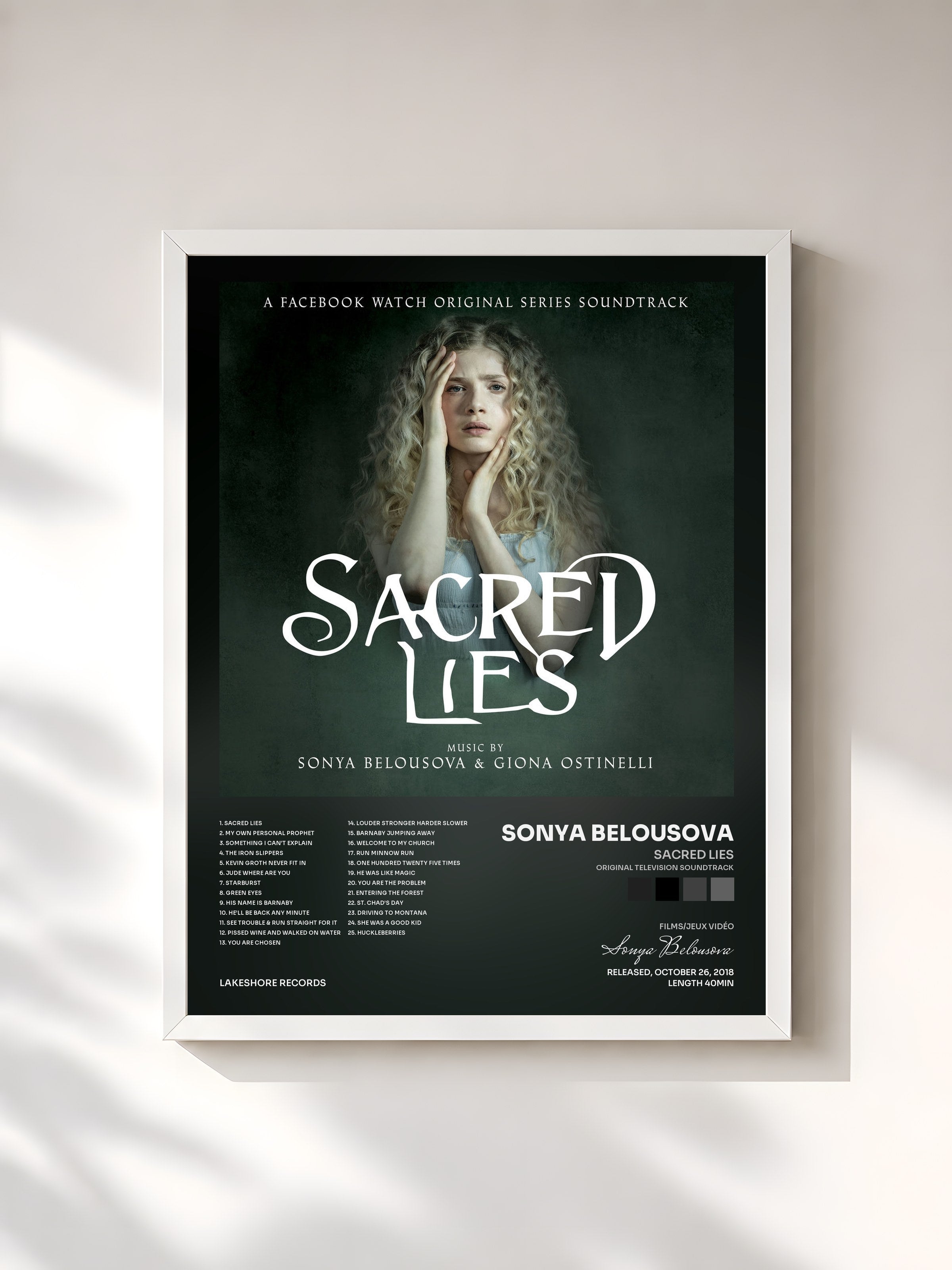 #blanc Tableau de l'album Sacred Lies (Original Television Soundtrack) de Sonya Belousova, cadre blanc, imprimé et encadré en France