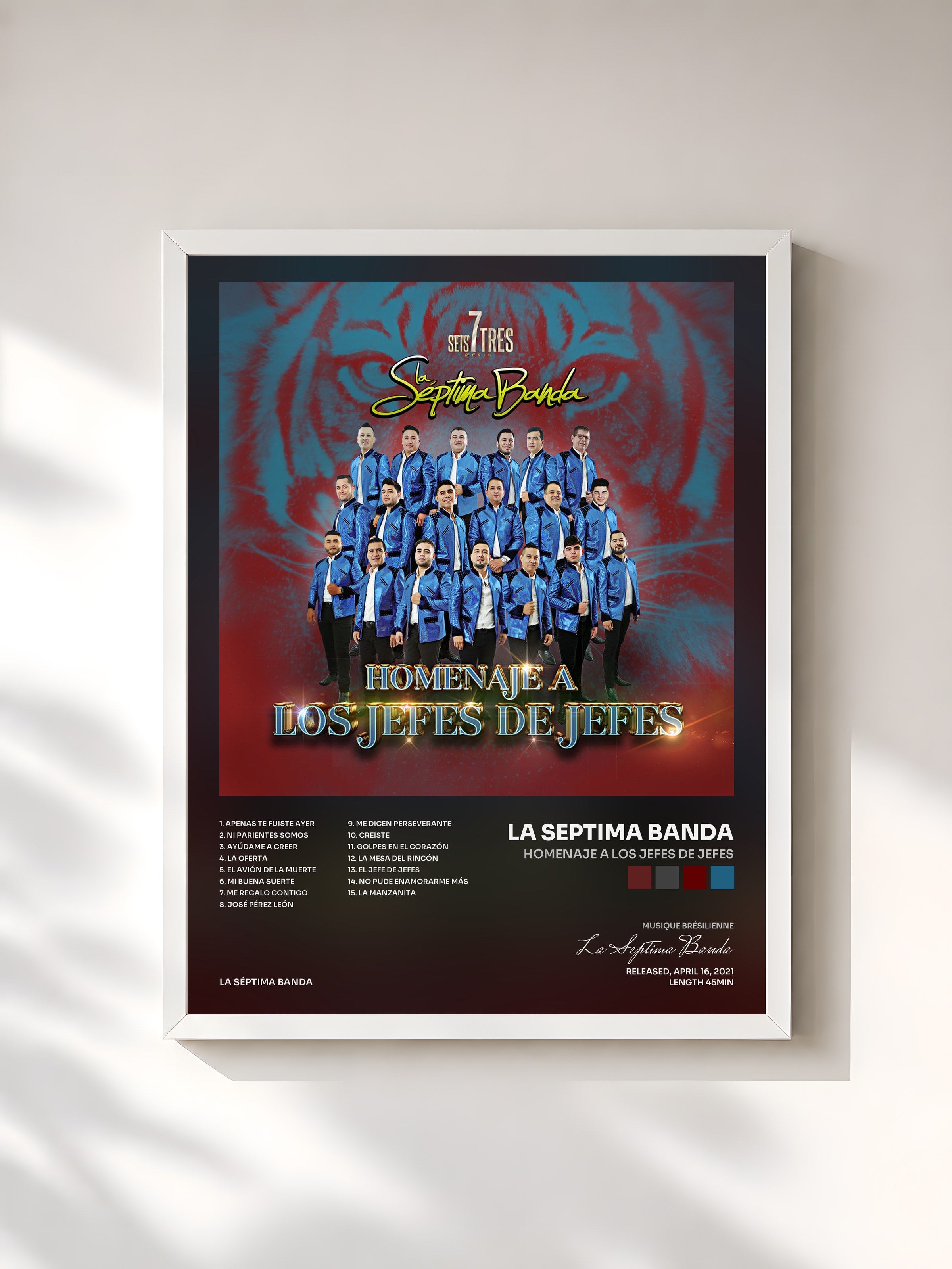 #blanc Tableau de l'album Homenaje a los Jefes de Jefes de La Septima Banda, cadre blanc, imprimé et encadré en France