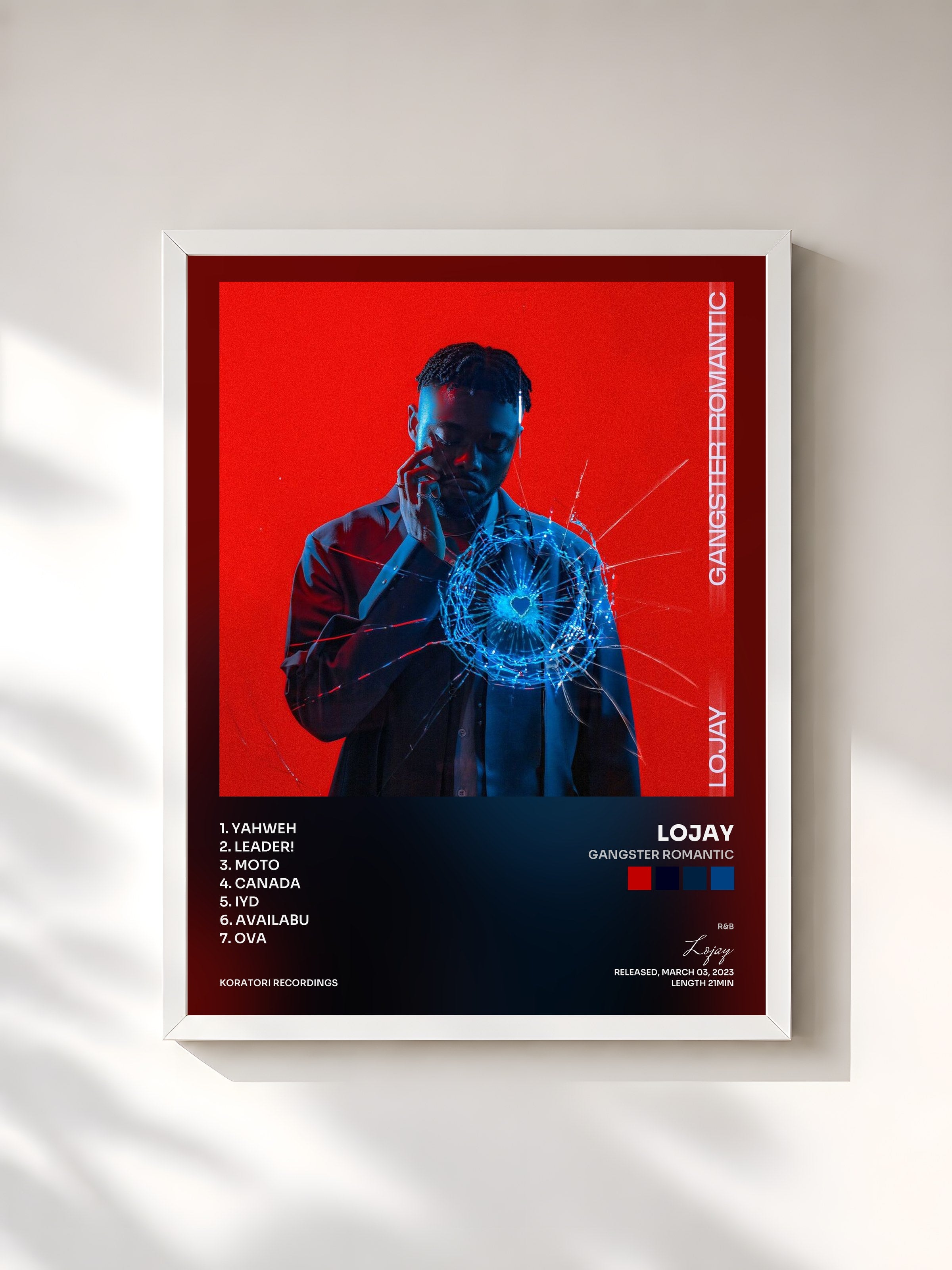 #blanc Tableau de l'album GANGSTER ROMANTIC de Lojay, cadre blanc, imprimé et encadré en France