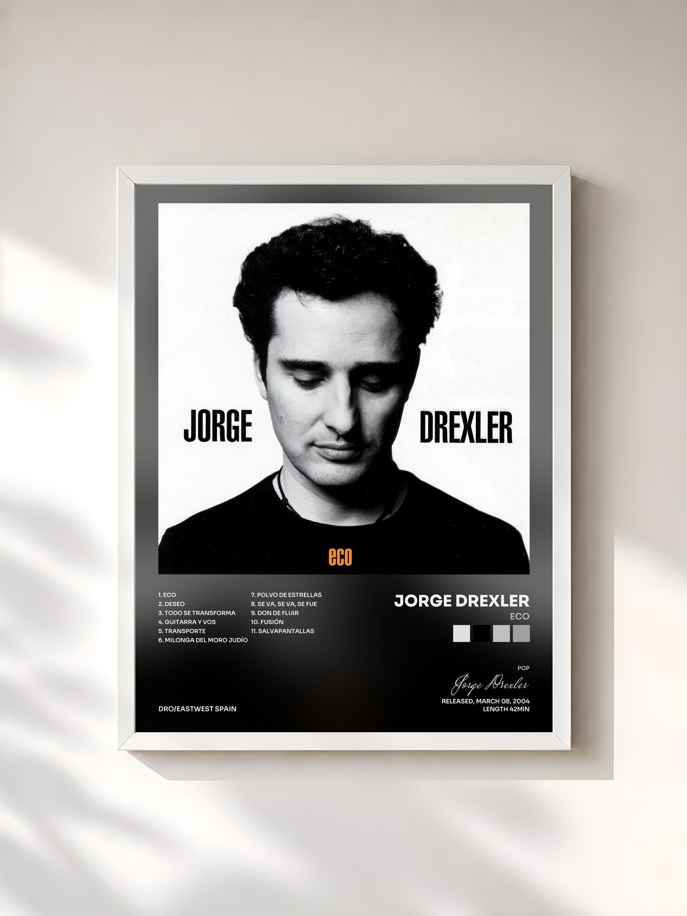 #blanc Tableau de l'album Eco de Jorge Drexler, cadre blanc, imprimé et encadré en France