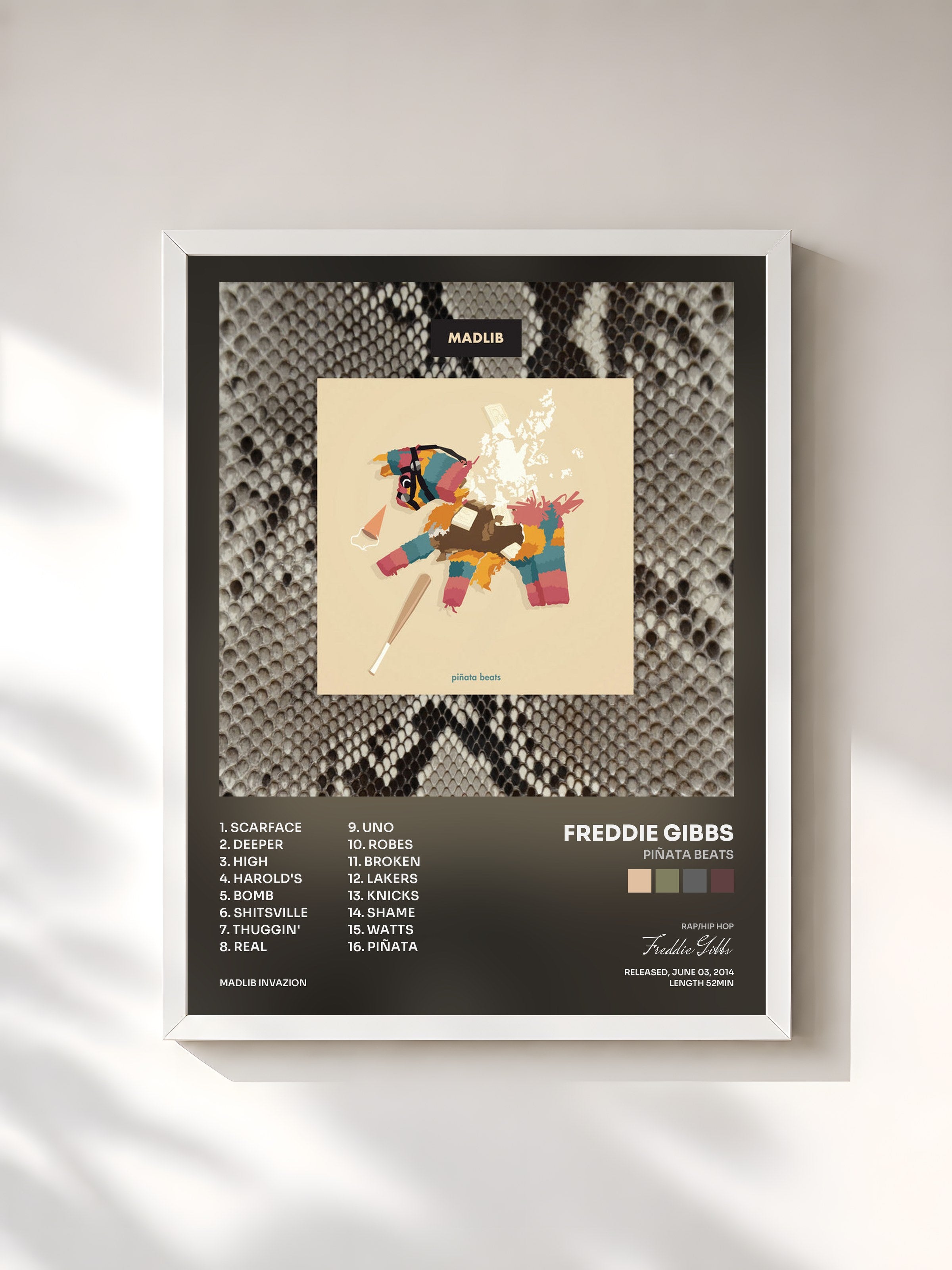 #blanc Tableau de l'album Piñata Beats de Freddie Gibbs, cadre blanc, imprimé et encadré en France