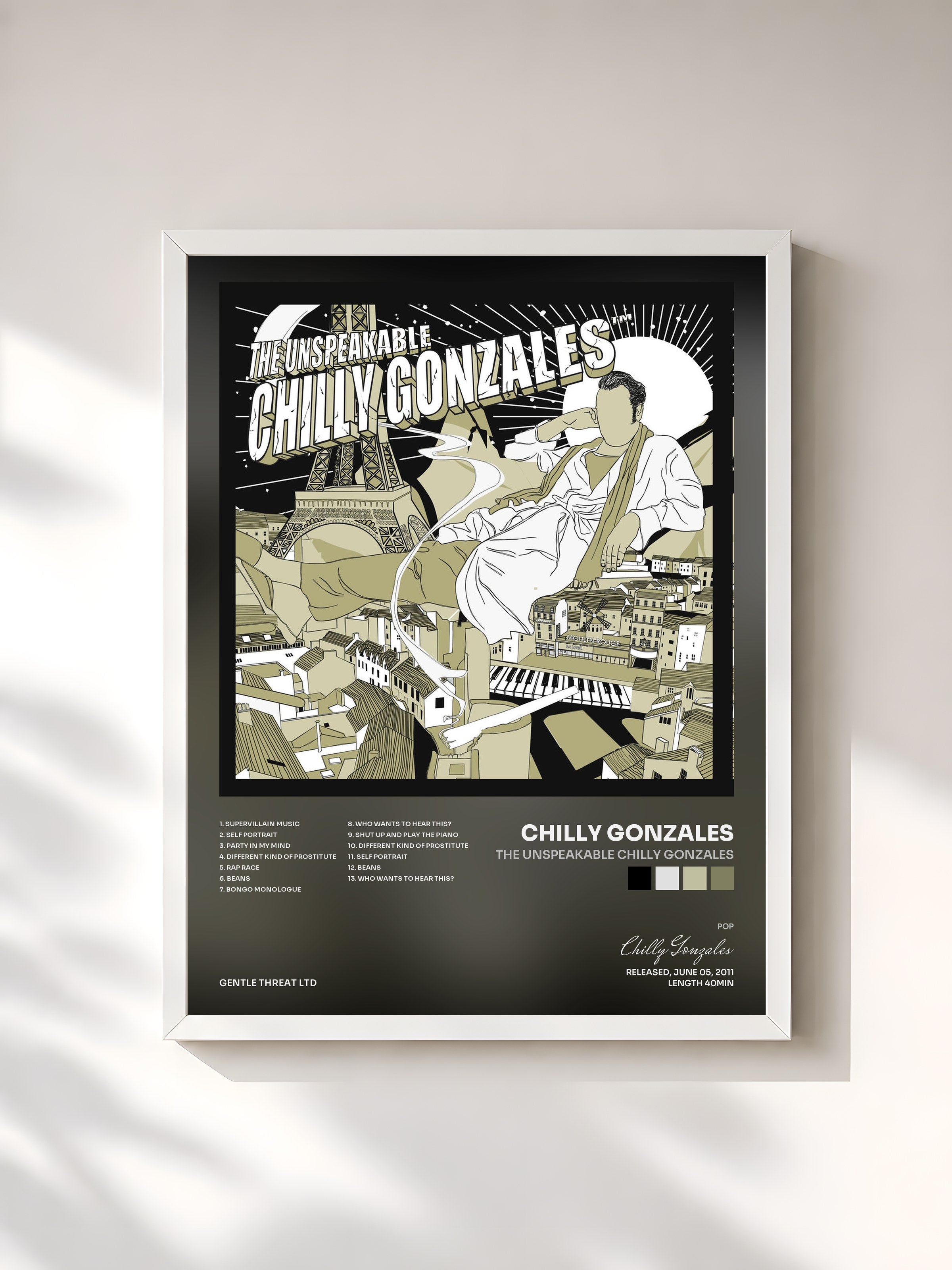 #blanc Tableau de l'album The Unspeakable Chilly Gonzales de Chilly Gonzales, cadre blanc, imprimé et encadré en France