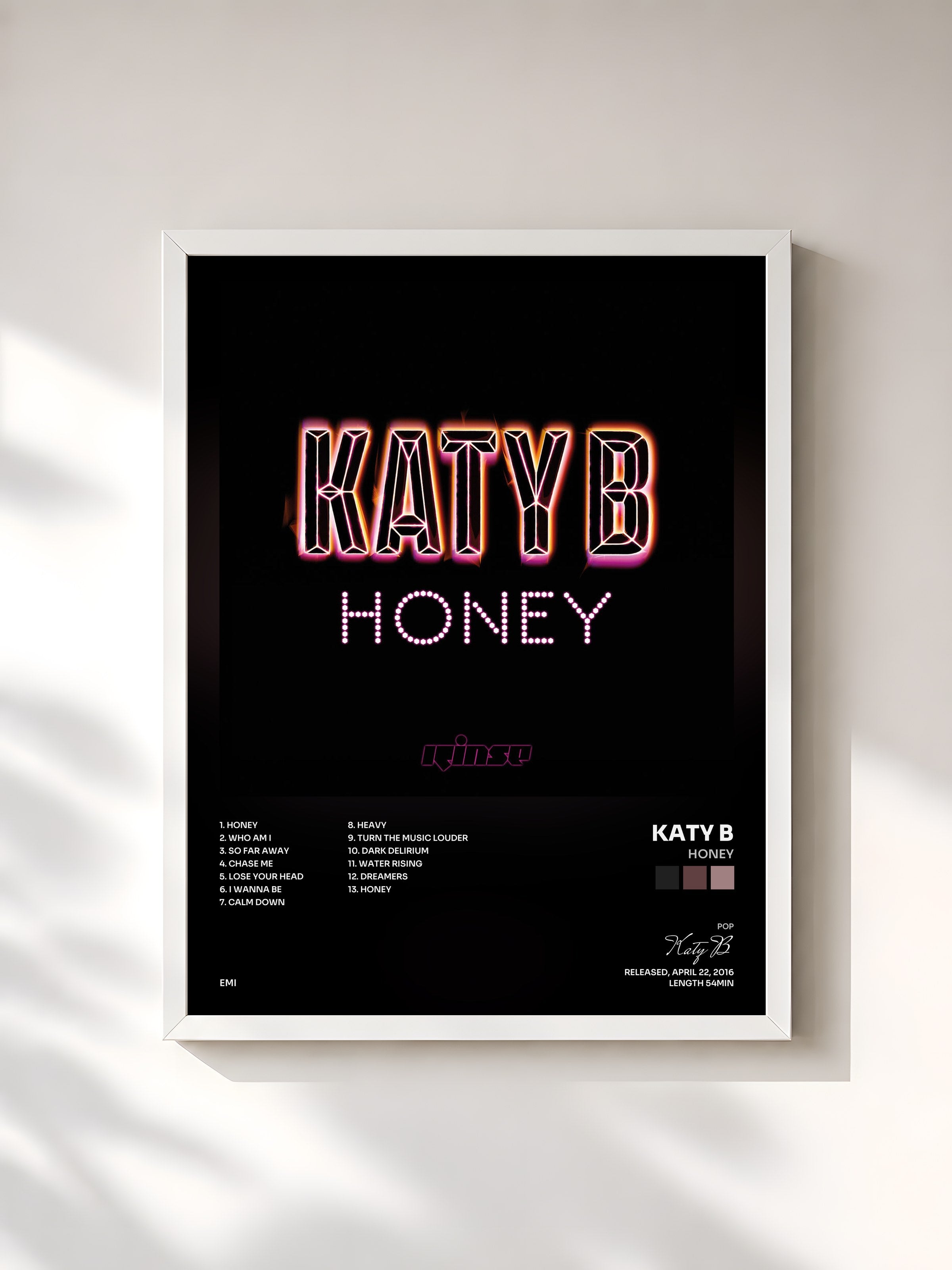#blanc Tableau de l'album Honey de Katy B, cadre blanc, imprimé et encadré en France