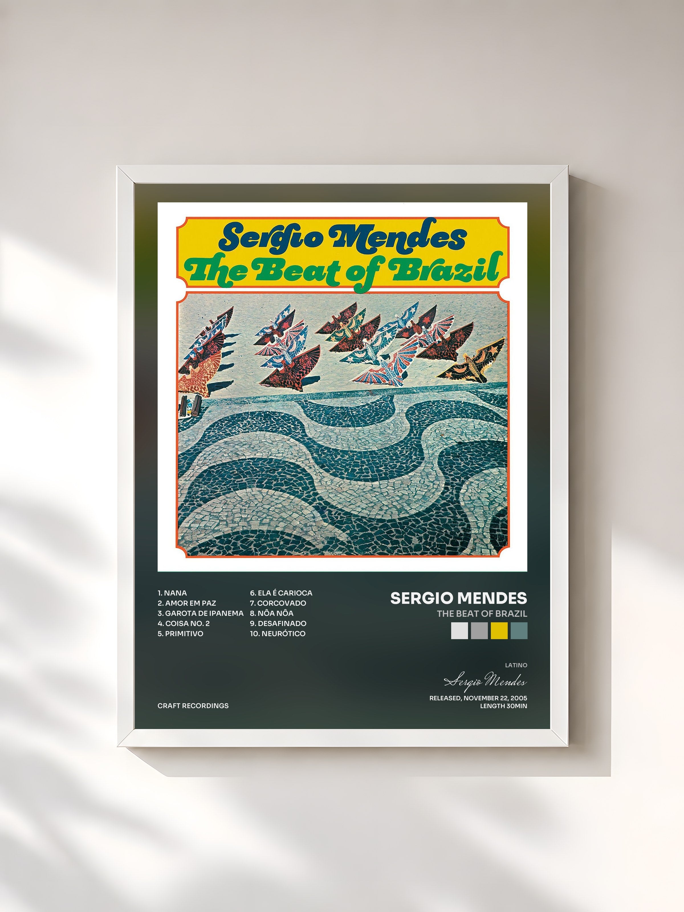#blanc Tableau de l'album The Beat Of Brazil de Sergio Mendes, cadre blanc, imprimé et encadré en France