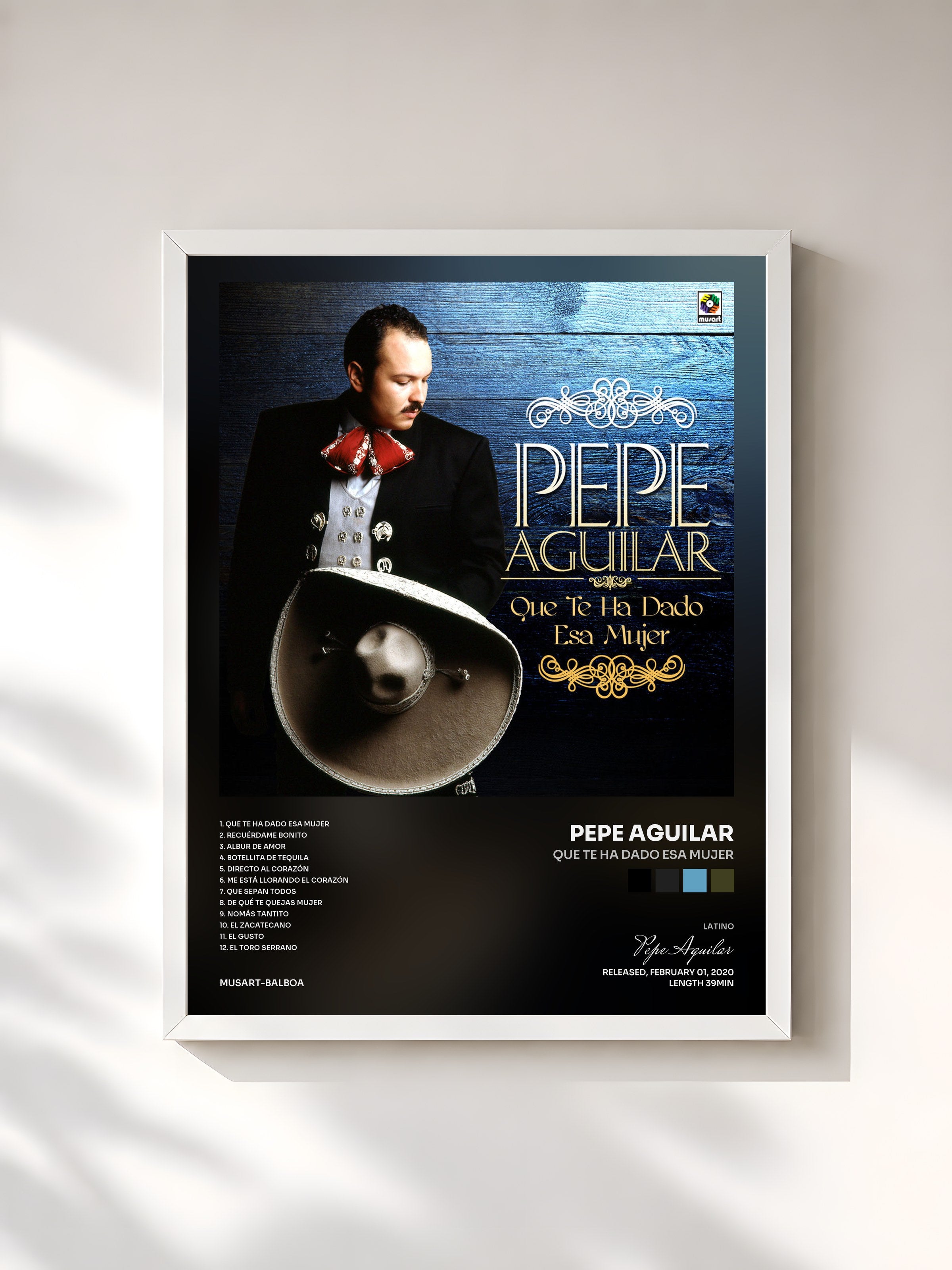 #blanc Tableau de l'album Que Te Ha Dado Esa Mujer de Pepe Aguilar, cadre blanc, imprimé et encadré en France