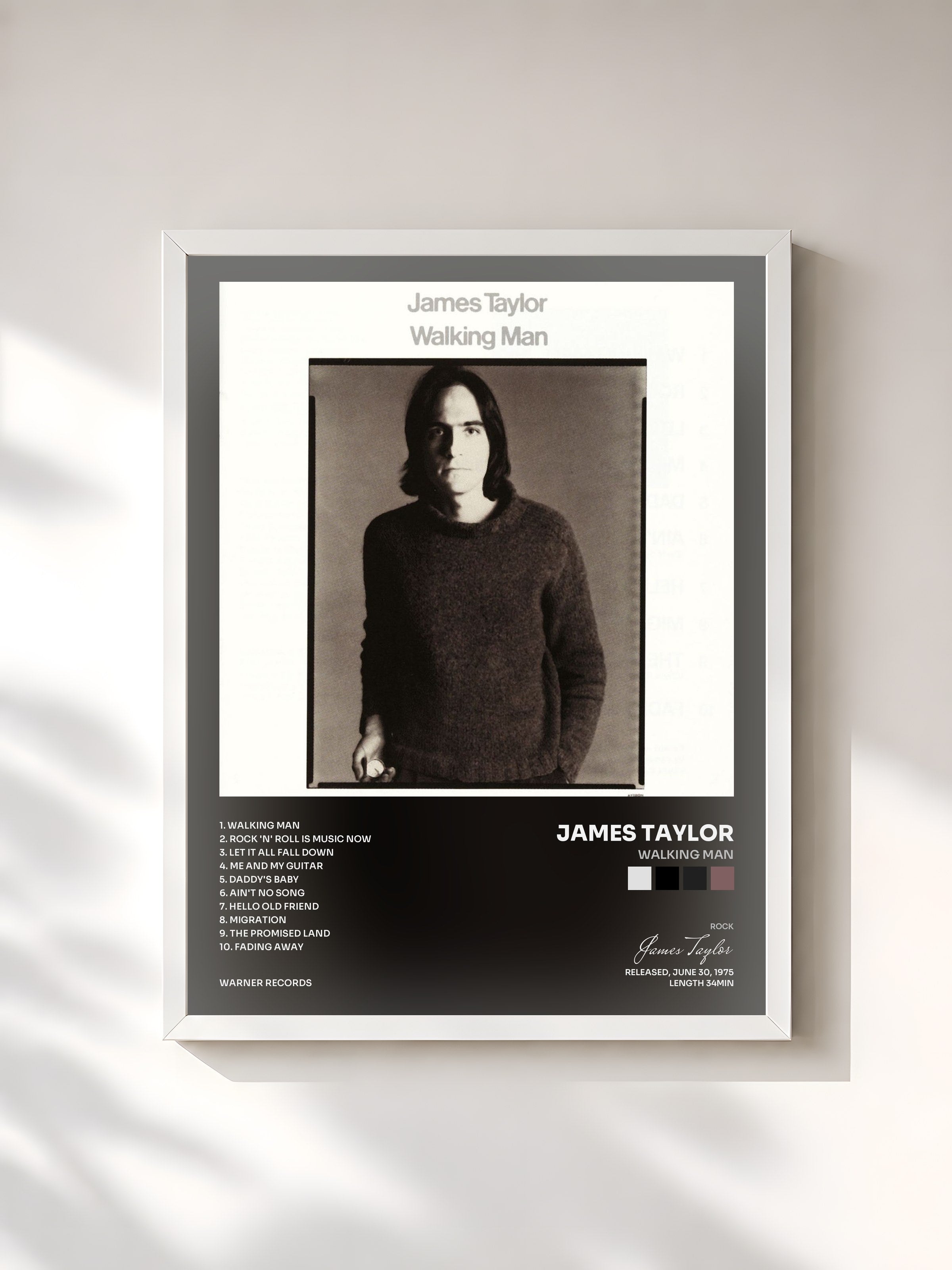 #blanc Tableau de l'album Walking Man de James Taylor, cadre blanc, imprimé et encadré en France